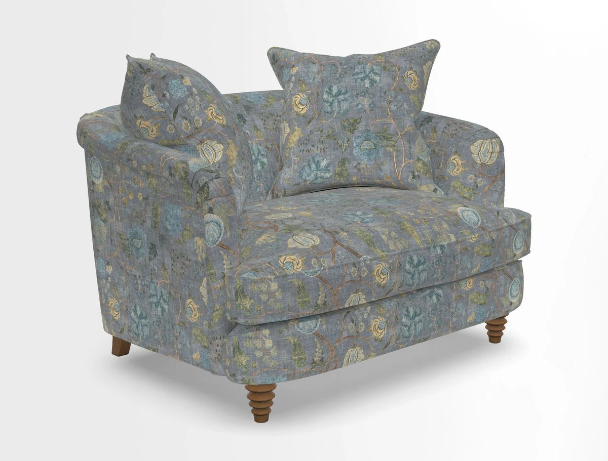 Helmsley Snuggler in V&A Threads of India Opulent Velvets Forest Creatures Hunter piping in Swiss Velvet Olive and scatter in Stockport Stripe Flame