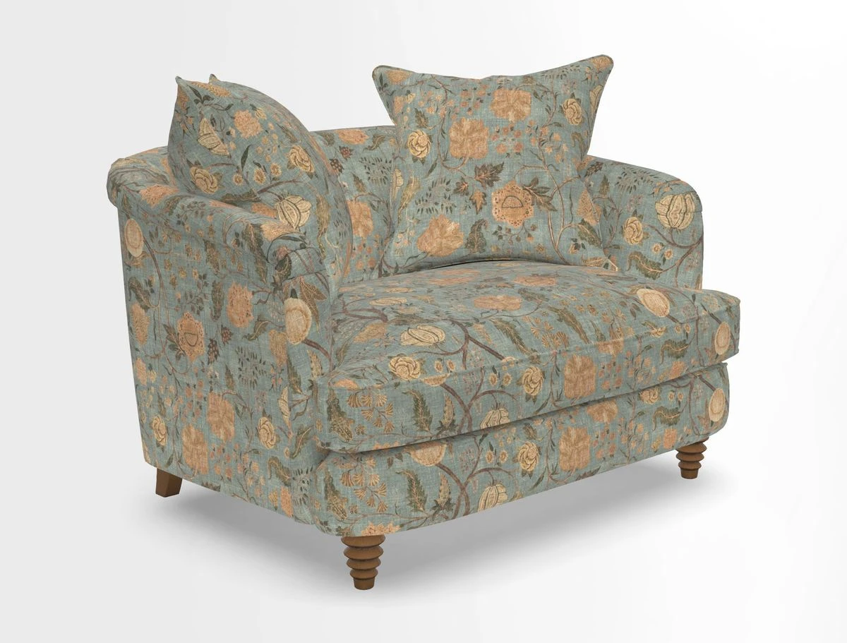 Helmsley Snuggler in V&A Threads of India Opulent Velvets Forest Creatures Hunter piping in Swiss Velvet Olive and scatter in Stockport Stripe Flame