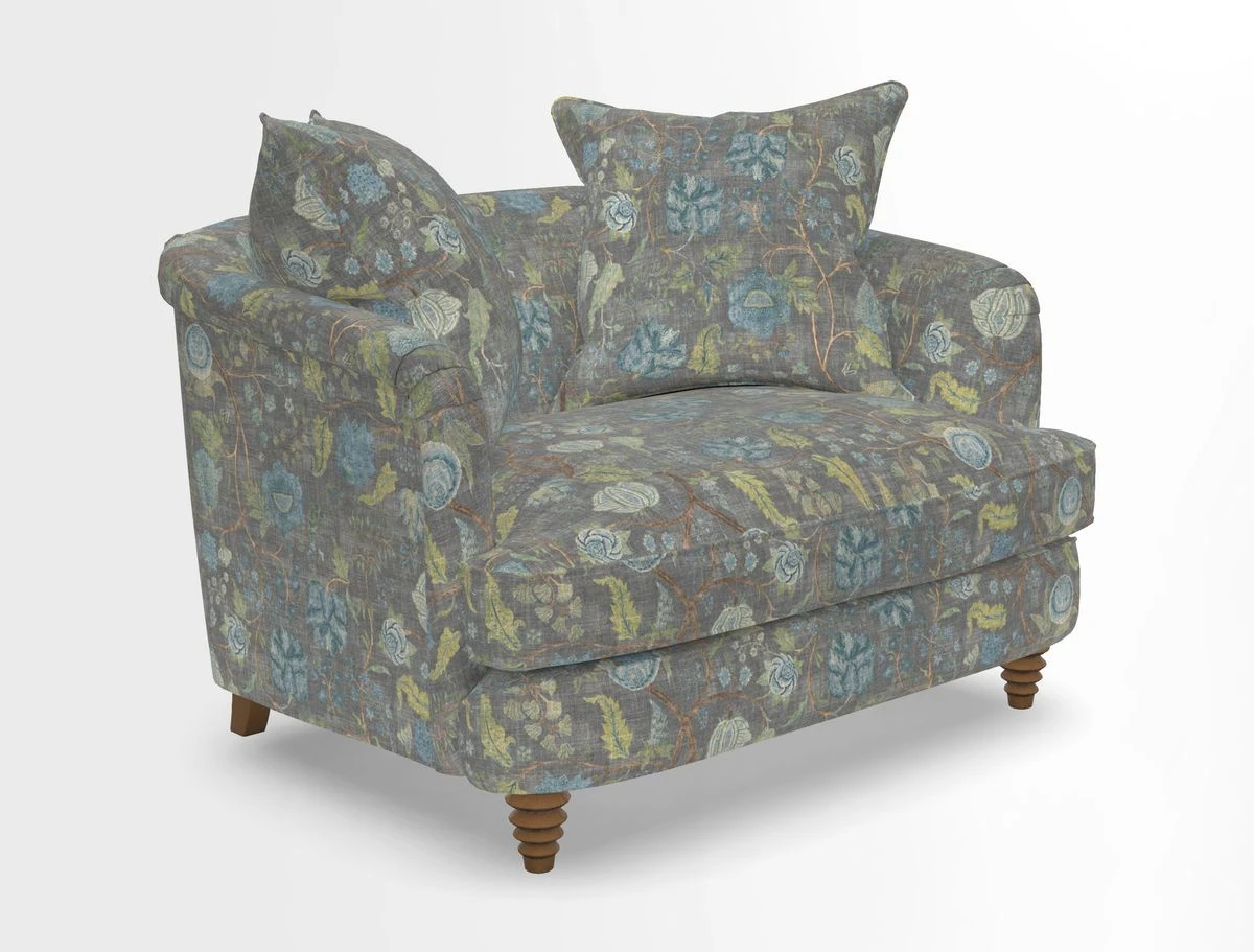 Helmsley Snuggler in V&A Threads of India Opulent Velvets Forest Creatures Hunter piping in Swiss Velvet Olive and scatter in Stockport Stripe Flame