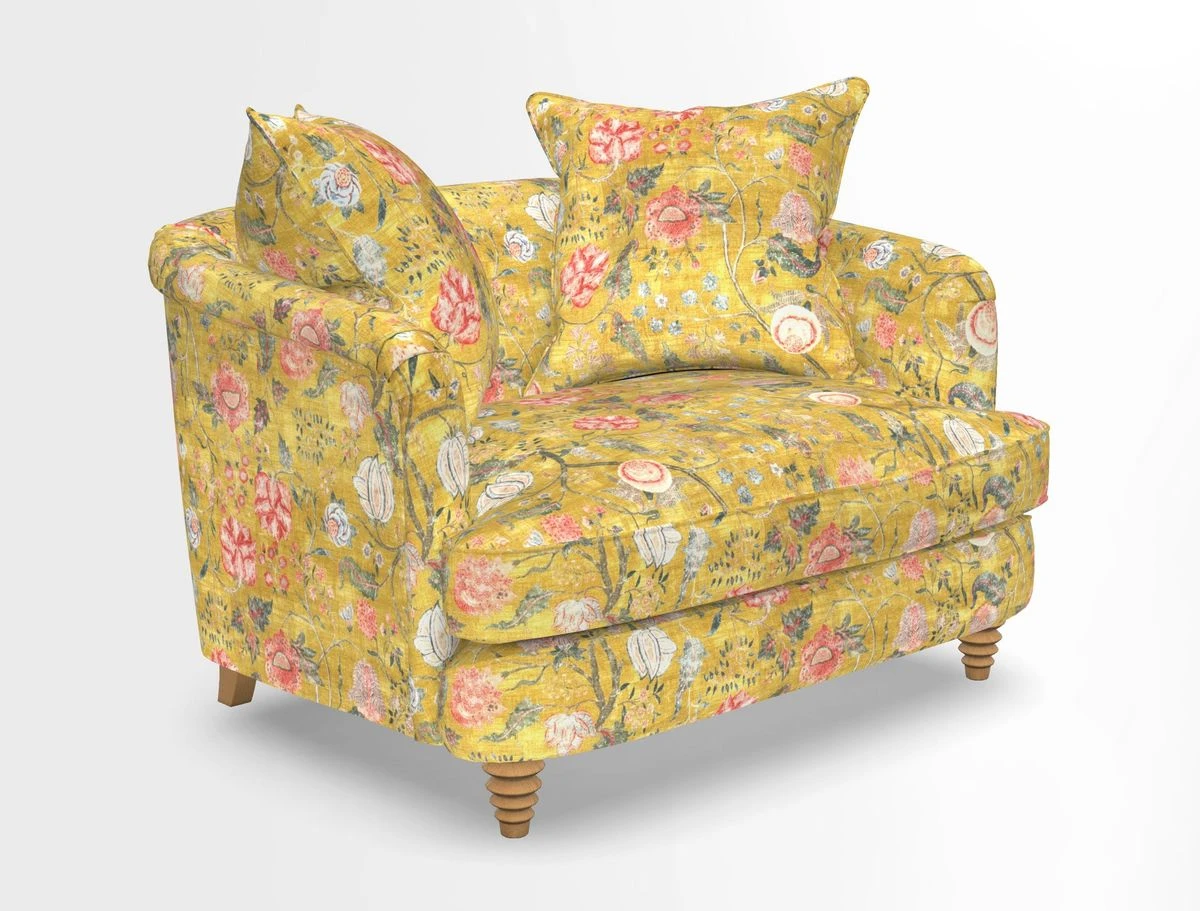 Helmsley Snuggler in V&A Threads of India Opulent Velvets Forest Creatures Hunter piping in Swiss Velvet Olive and scatter in Stockport Stripe Flame