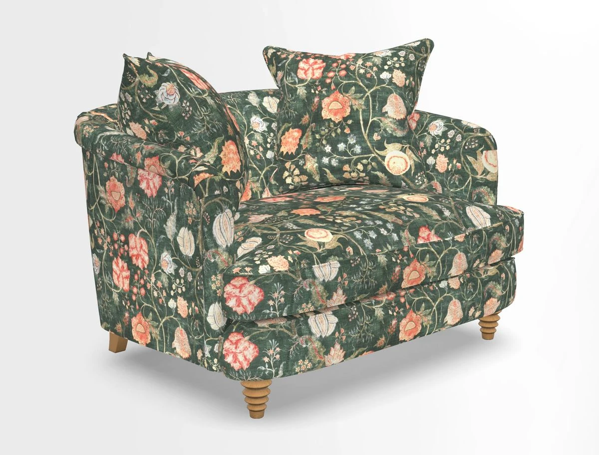 Helmsley Snuggler in V&A Threads of India Opulent Velvets Forest Creatures Hunter piping in Swiss Velvet Olive and scatter in Stockport Stripe Flame