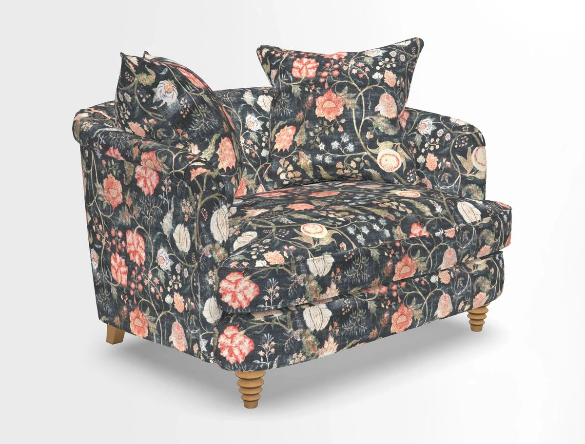 Helmsley Snuggler in V&A Threads of India Opulent Velvets Forest Creatures Hunter piping in Swiss Velvet Olive and scatter in Stockport Stripe Flame