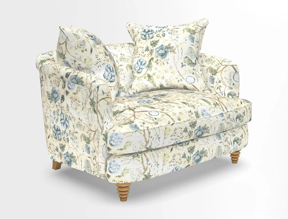 Helmsley Snuggler in V&A Threads of India Opulent Velvets Forest Creatures Hunter piping in Swiss Velvet Olive and scatter in Stockport Stripe Flame