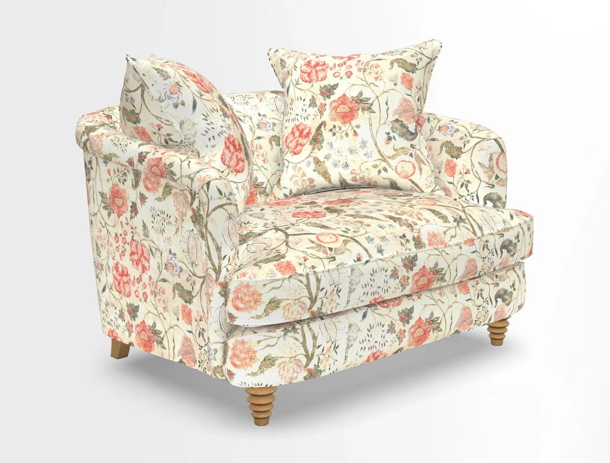 Helmsley Snuggler in V&A Threads of India Opulent Velvets Forest Creatures Hunter piping in Swiss Velvet Olive and scatter in Stockport Stripe Flame