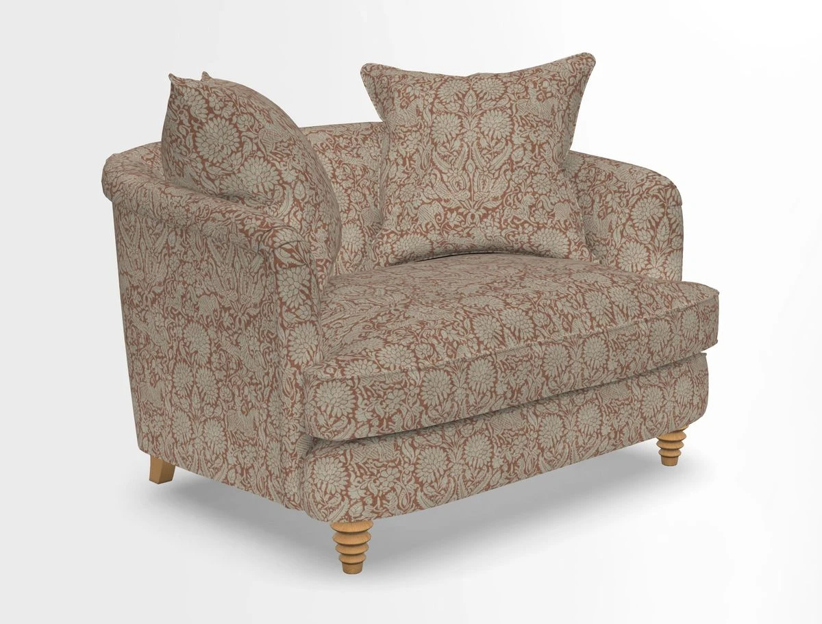 Helmsley Snuggler in V&A Threads of India Opulent Velvets Forest Creatures Hunter piping in Swiss Velvet Olive and scatter in Stockport Stripe Flame