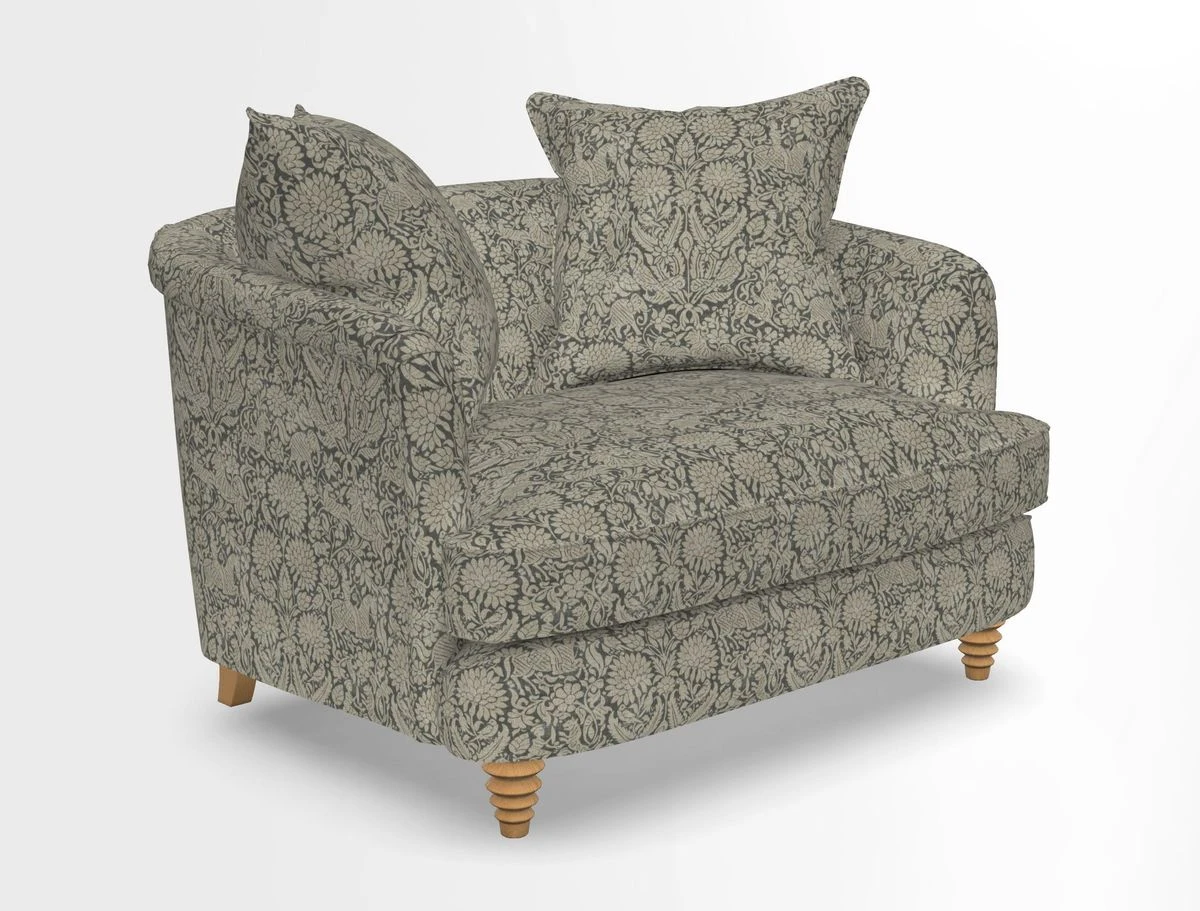 Helmsley Snuggler in V&A Threads of India Opulent Velvets Forest Creatures Hunter piping in Swiss Velvet Olive and scatter in Stockport Stripe Flame