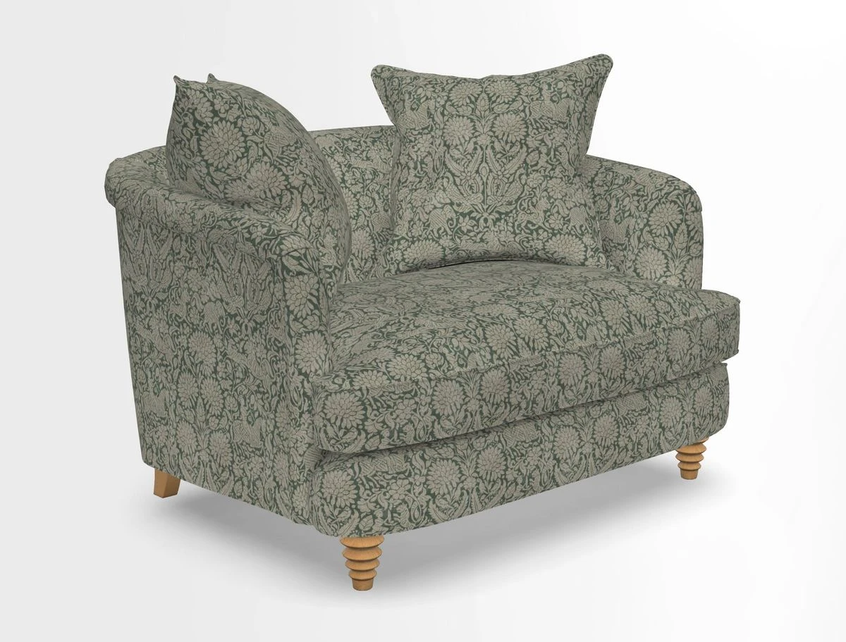 Helmsley Snuggler in V&A Threads of India Opulent Velvets Forest Creatures Hunter piping in Swiss Velvet Olive and scatter in Stockport Stripe Flame