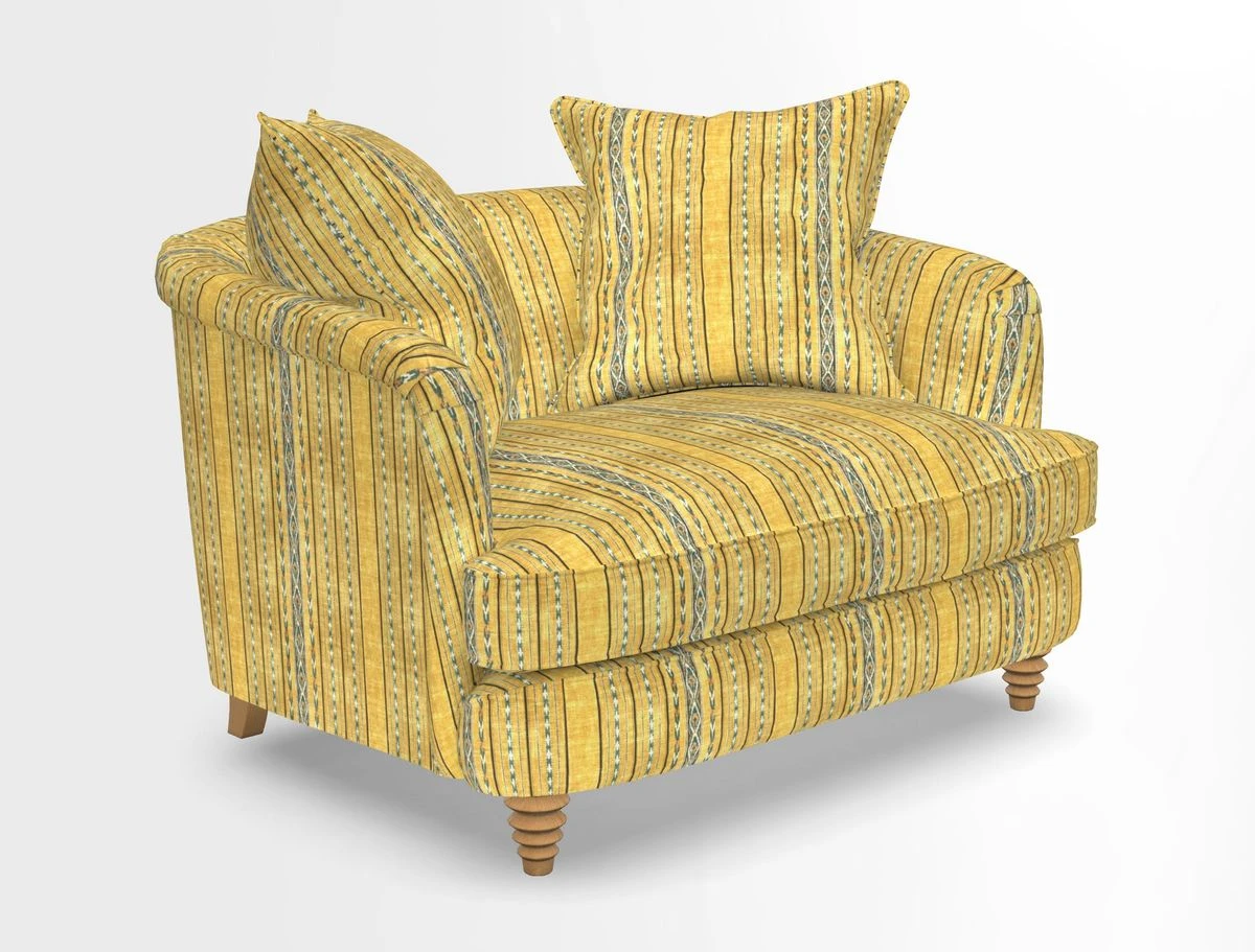 Helmsley Snuggler in V&A Threads of India Opulent Velvets Forest Creatures Hunter piping in Swiss Velvet Olive and scatter in Stockport Stripe Flame