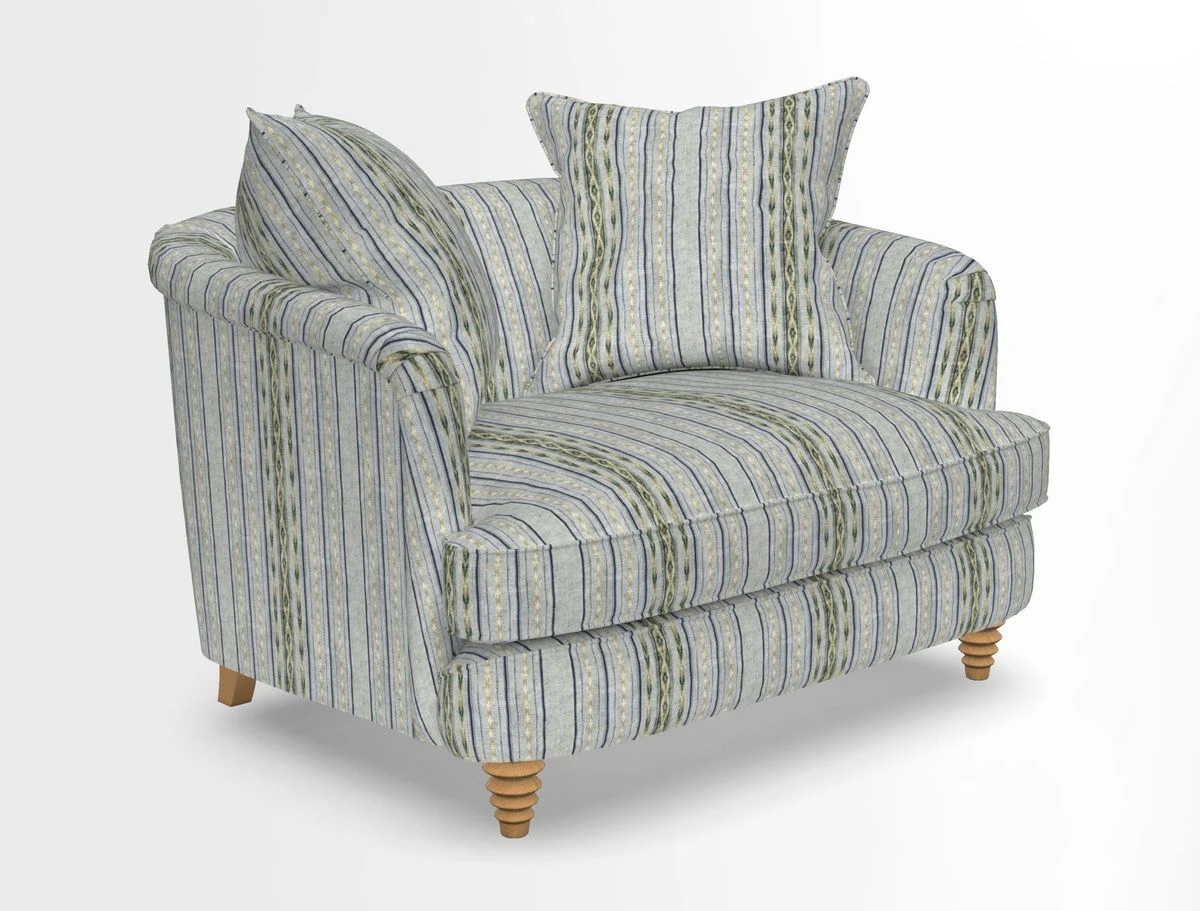 Helmsley Snuggler in V&A Threads of India Opulent Velvets Forest Creatures Hunter piping in Swiss Velvet Olive and scatter in Stockport Stripe Flame