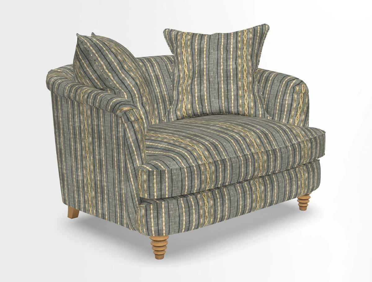 Helmsley Snuggler in V&A Threads of India Opulent Velvets Forest Creatures Hunter piping in Swiss Velvet Olive and scatter in Stockport Stripe Flame