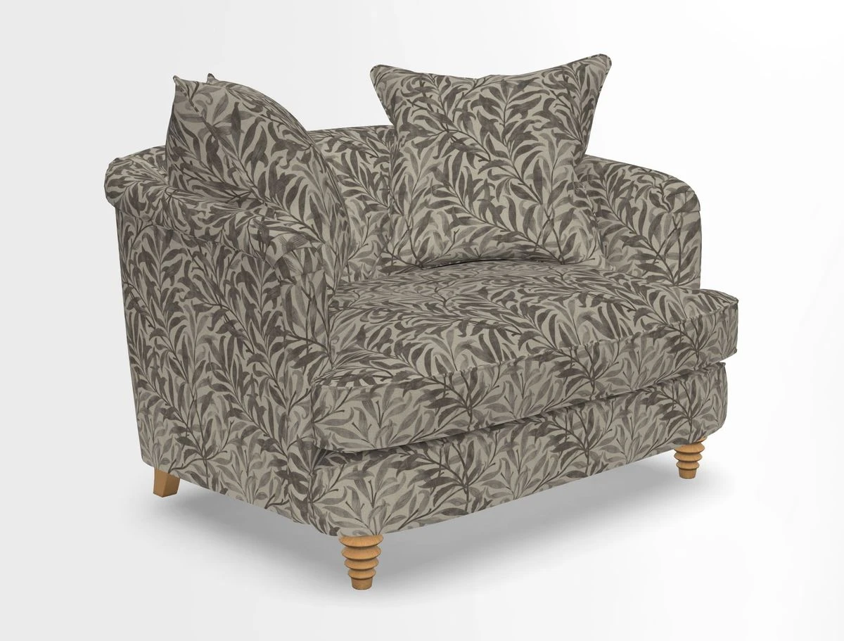 Helmsley Snuggler in V&A Threads of India Opulent Velvets Forest Creatures Hunter piping in Swiss Velvet Olive and scatter in Stockport Stripe Flame