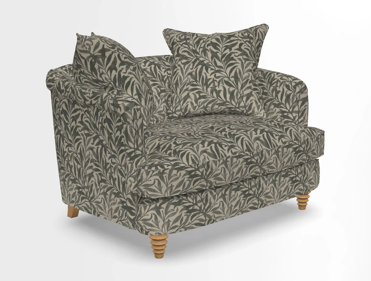 Helmsley Snuggler in V&A Threads of India Opulent Velvets Forest Creatures Hunter piping in Swiss Velvet Olive and scatter in Stockport Stripe Flame