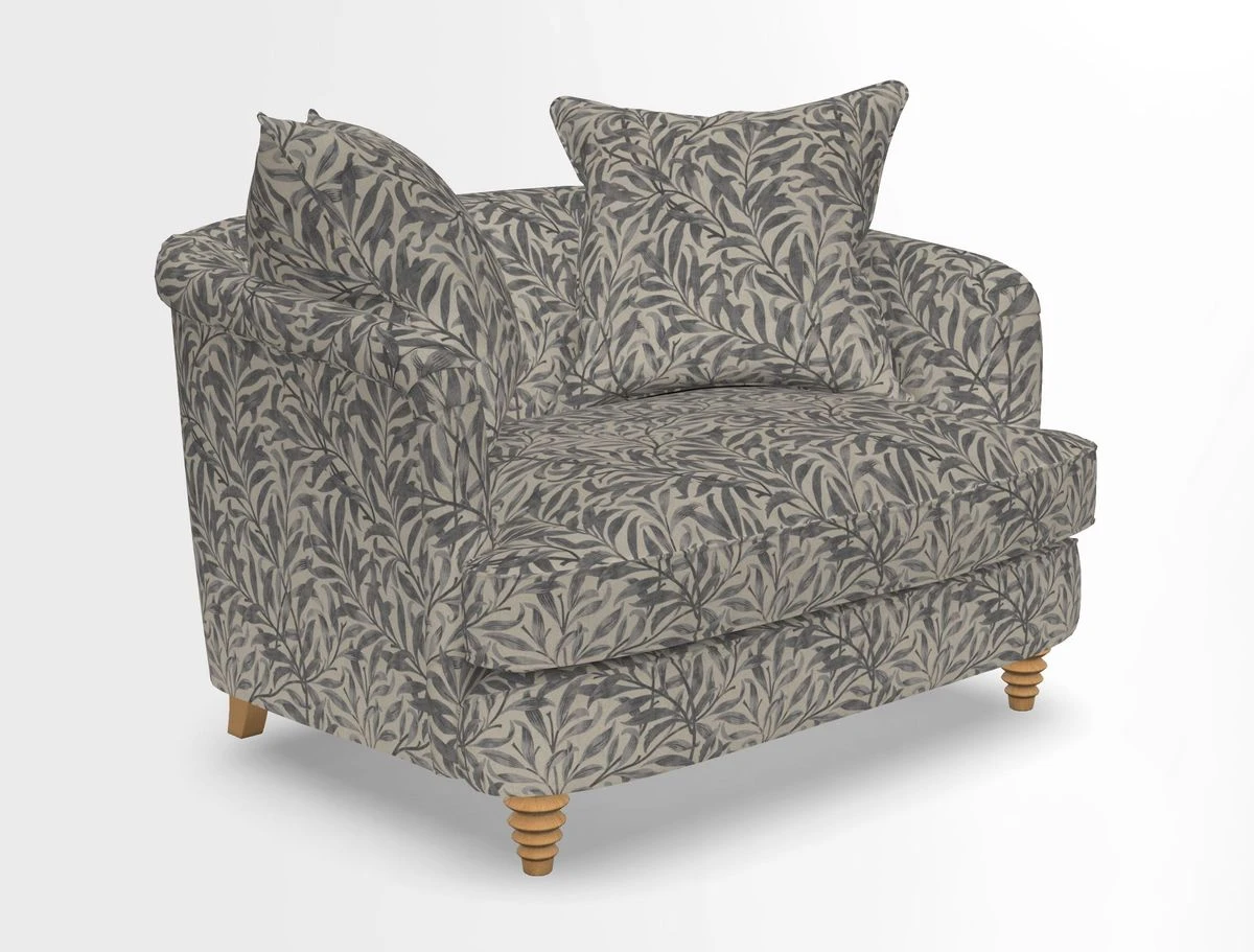 Helmsley Snuggler in V&A Threads of India Opulent Velvets Forest Creatures Hunter piping in Swiss Velvet Olive and scatter in Stockport Stripe Flame