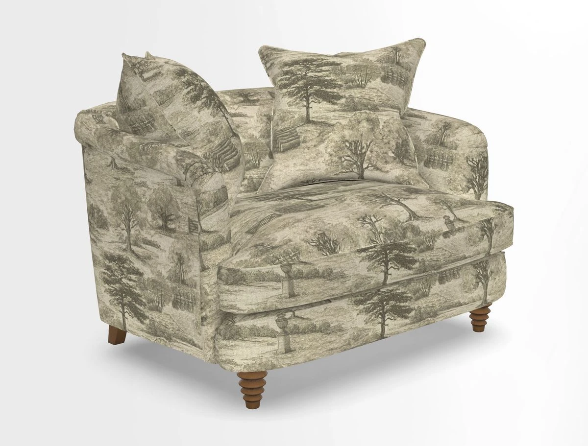 Helmsley Snuggler in V&A Threads of India Opulent Velvets Forest Creatures Hunter piping in Swiss Velvet Olive and scatter in Stockport Stripe Flame