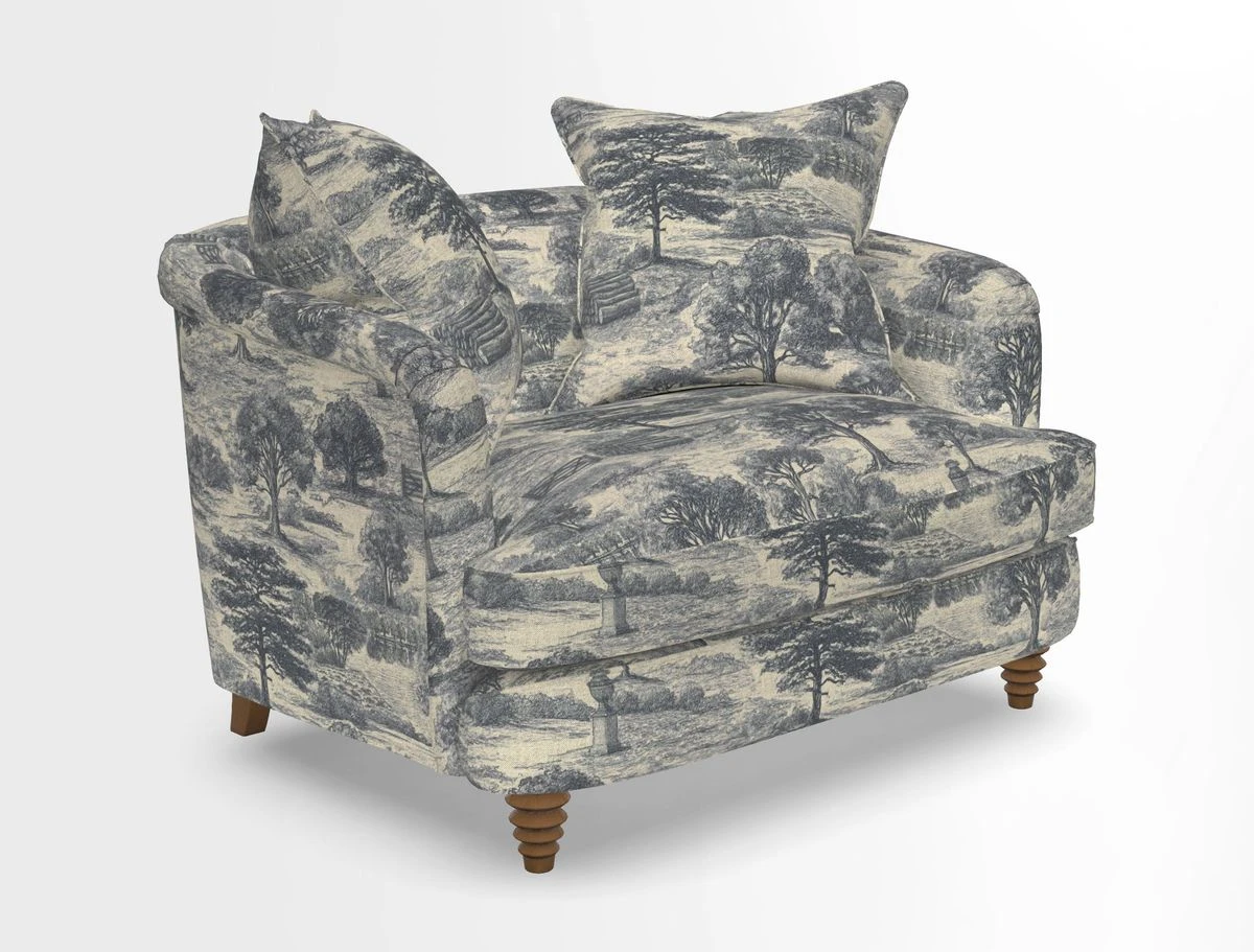 Helmsley Snuggler in V&A Threads of India Opulent Velvets Forest Creatures Hunter piping in Swiss Velvet Olive and scatter in Stockport Stripe Flame