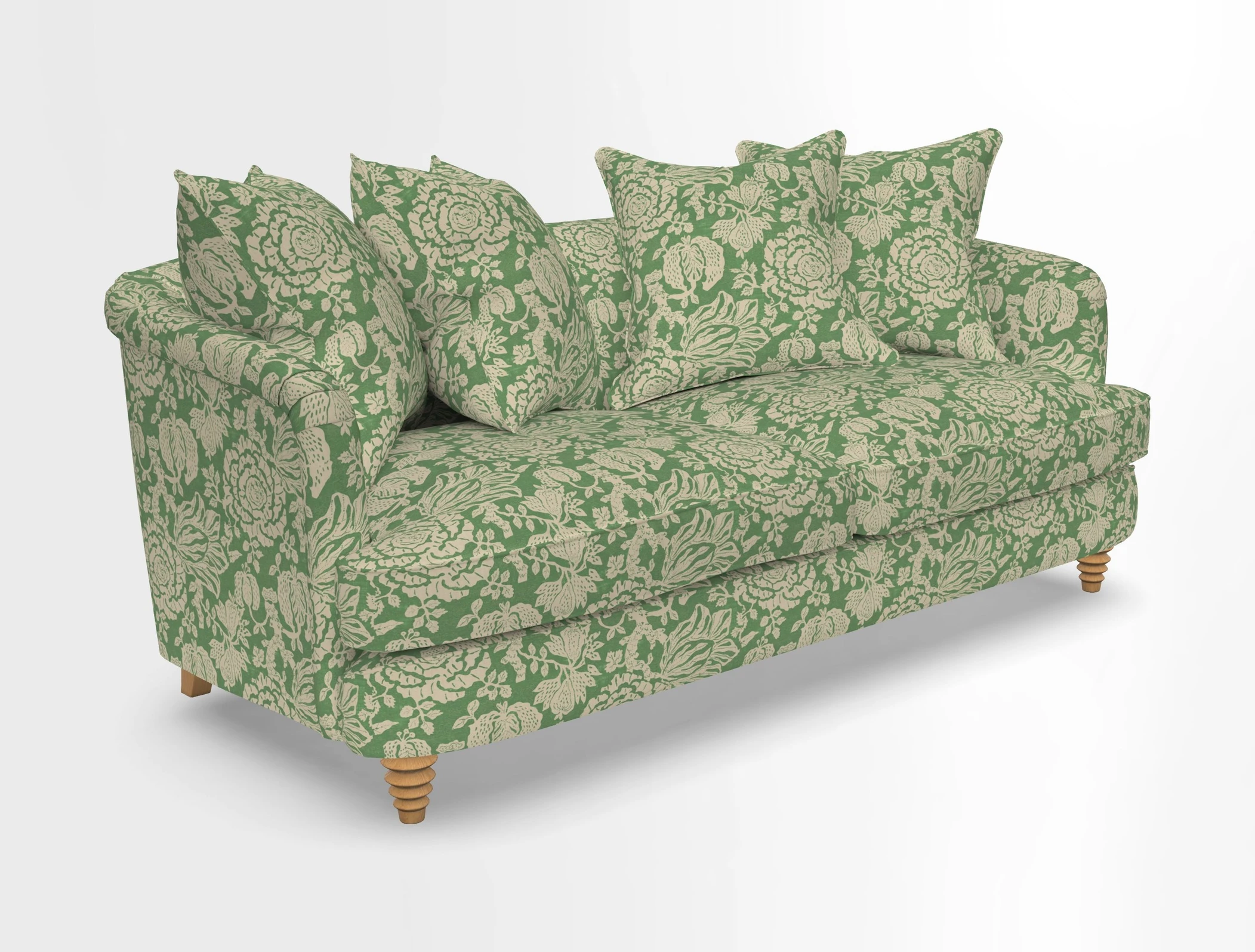 Helmsley 3 Seater Sofa in Mohair Velvet Fir Green with Seat and Back Cushions in RHS Collection Trailing Vine Olive and Small Trailing Ivy Olive