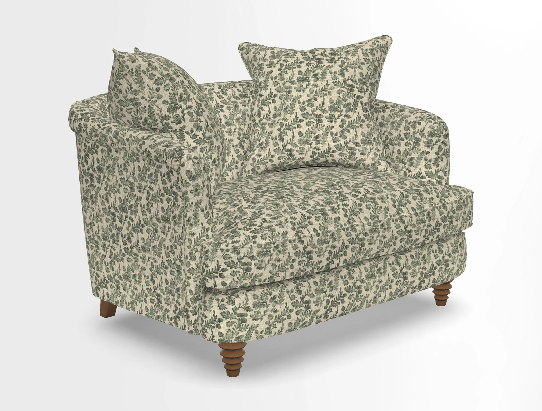 Helmsley Snuggler in V&A Threads of India Opulent Velvets Forest Creatures Hunter piping in Swiss Velvet Olive and scatter in Stockport Stripe Flame