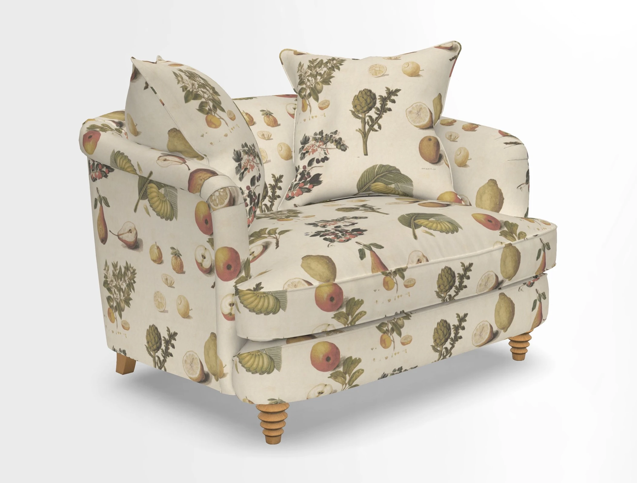 Helmsley Snuggler in V&A Threads of India Opulent Velvets Forest Creatures Hunter piping in Swiss Velvet Olive and scatter in Stockport Stripe Flame