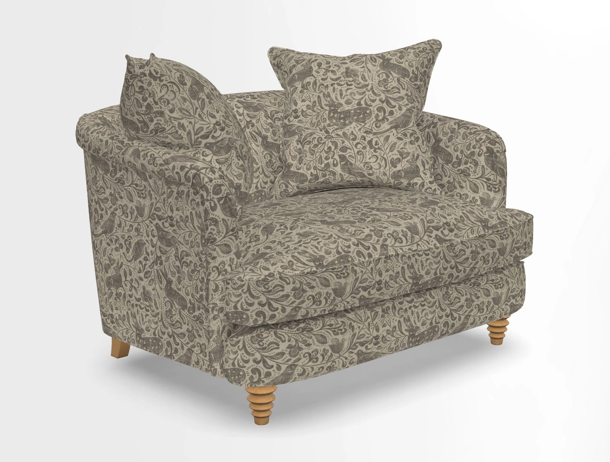 Helmsley Snuggler in V&A Threads of India Opulent Velvets Forest Creatures Hunter piping in Swiss Velvet Olive and scatter in Stockport Stripe Flame