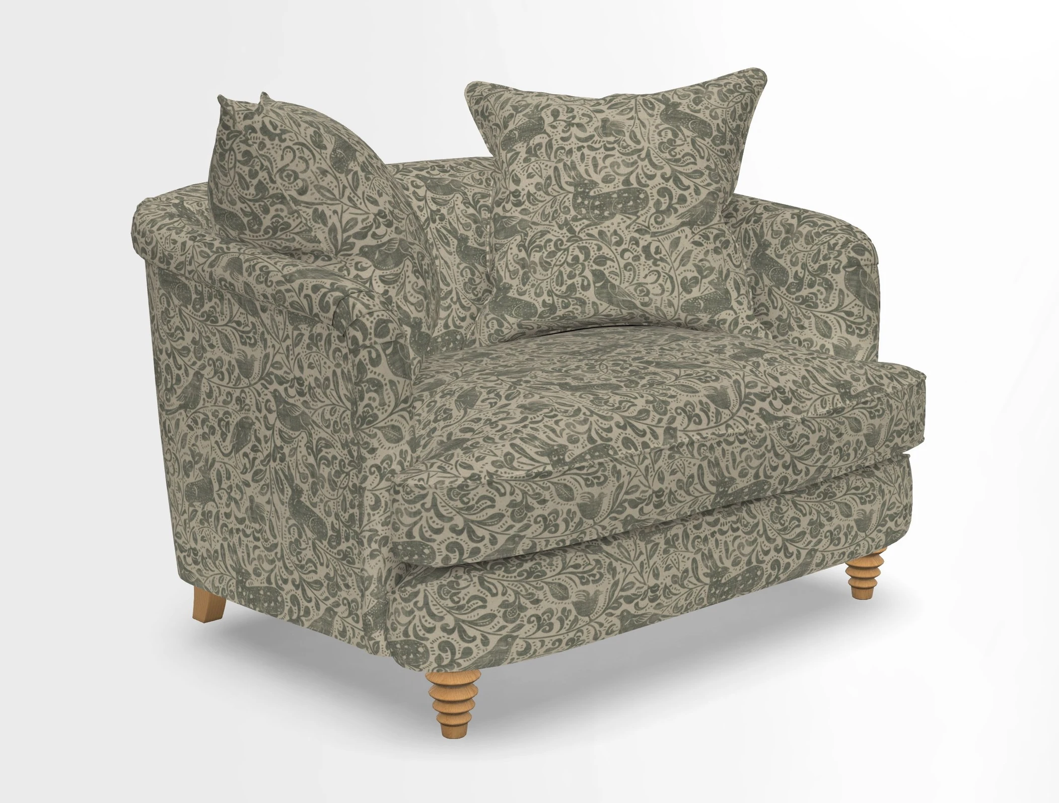 Helmsley Snuggler in V&A Threads of India Opulent Velvets Forest Creatures Hunter piping in Swiss Velvet Olive and scatter in Stockport Stripe Flame