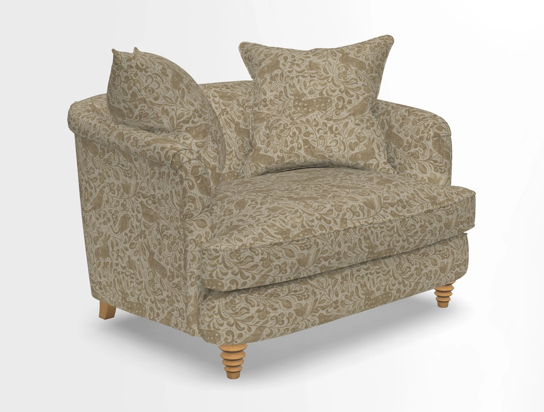 Helmsley Snuggler in V&A Threads of India Opulent Velvets Forest Creatures Hunter piping in Swiss Velvet Olive and scatter in Stockport Stripe Flame