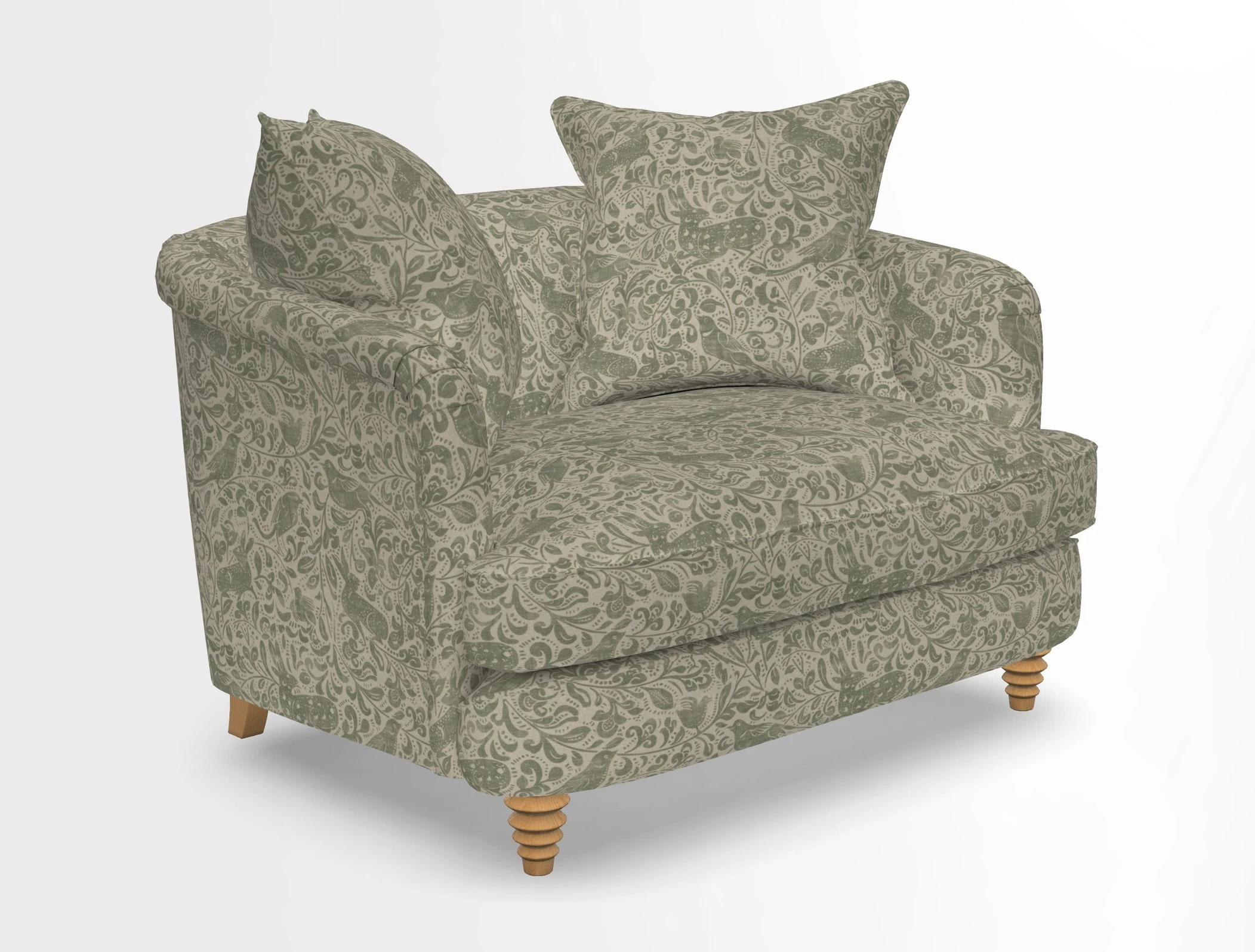 Helmsley Snuggler in V&A Threads of India Opulent Velvets Forest Creatures Hunter piping in Swiss Velvet Olive and scatter in Stockport Stripe Flame