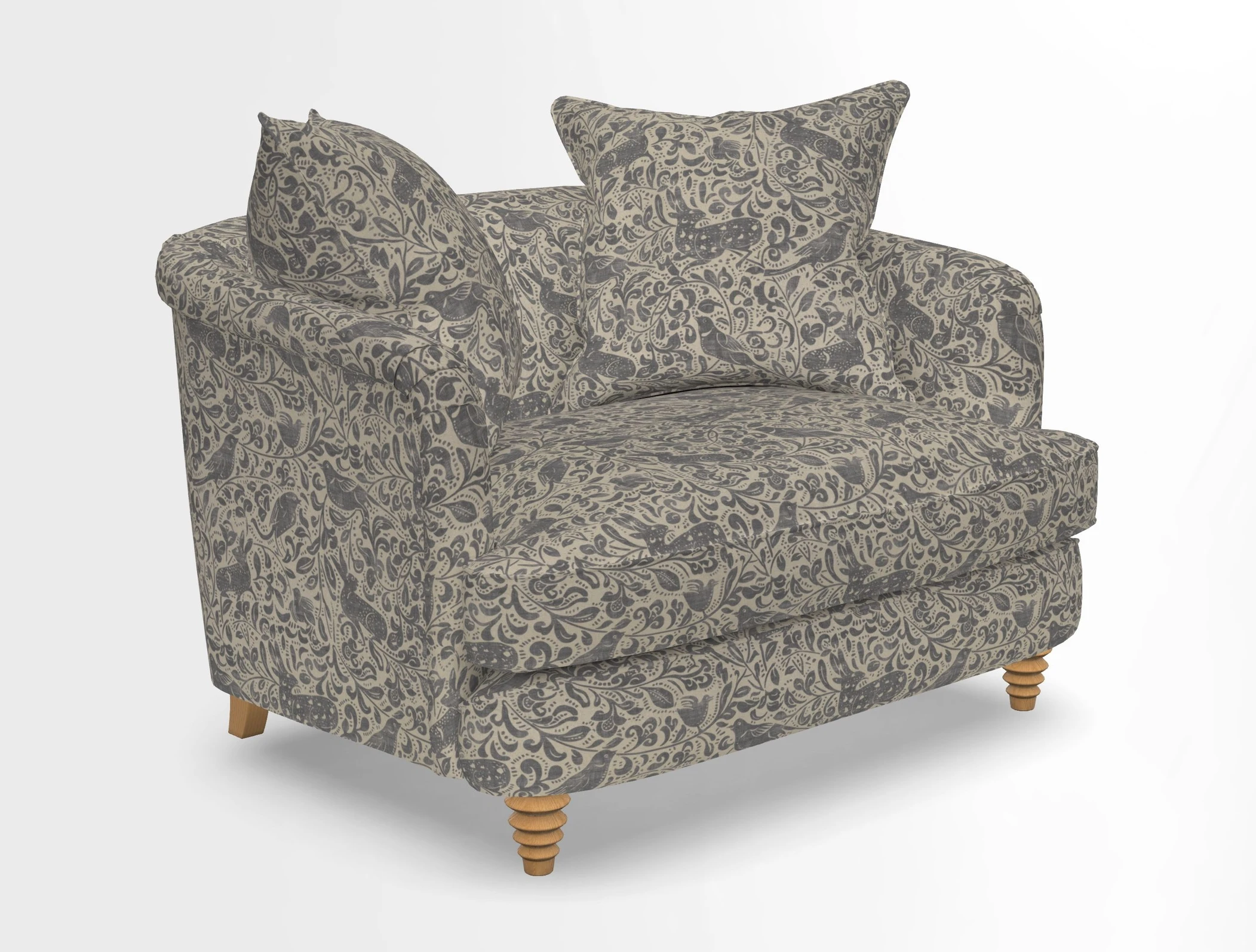 Helmsley Snuggler in V&A Threads of India Opulent Velvets Forest Creatures Hunter piping in Swiss Velvet Olive and scatter in Stockport Stripe Flame