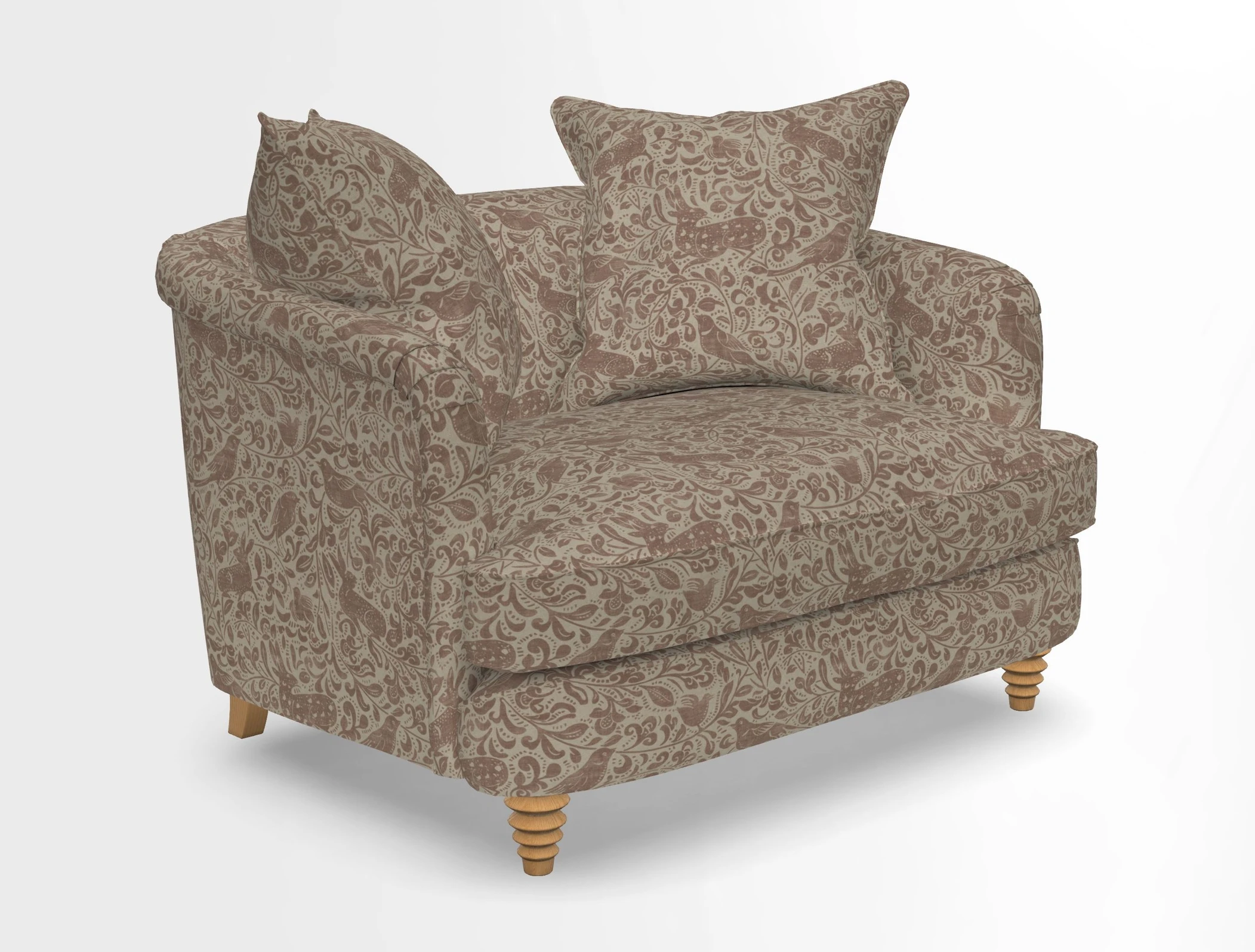 Helmsley Snuggler in V&A Threads of India Opulent Velvets Forest Creatures Hunter piping in Swiss Velvet Olive and scatter in Stockport Stripe Flame
