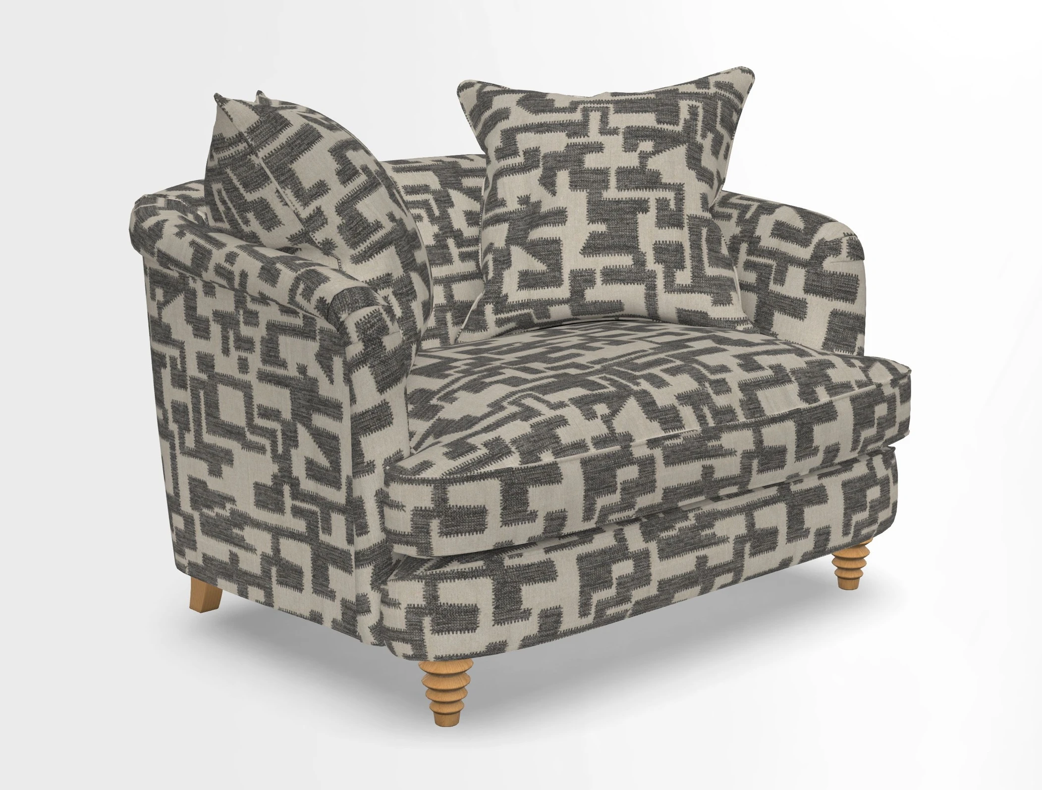 Helmsley Snuggler in V&A Threads of India Opulent Velvets Forest Creatures Hunter piping in Swiss Velvet Olive and scatter in Stockport Stripe Flame
