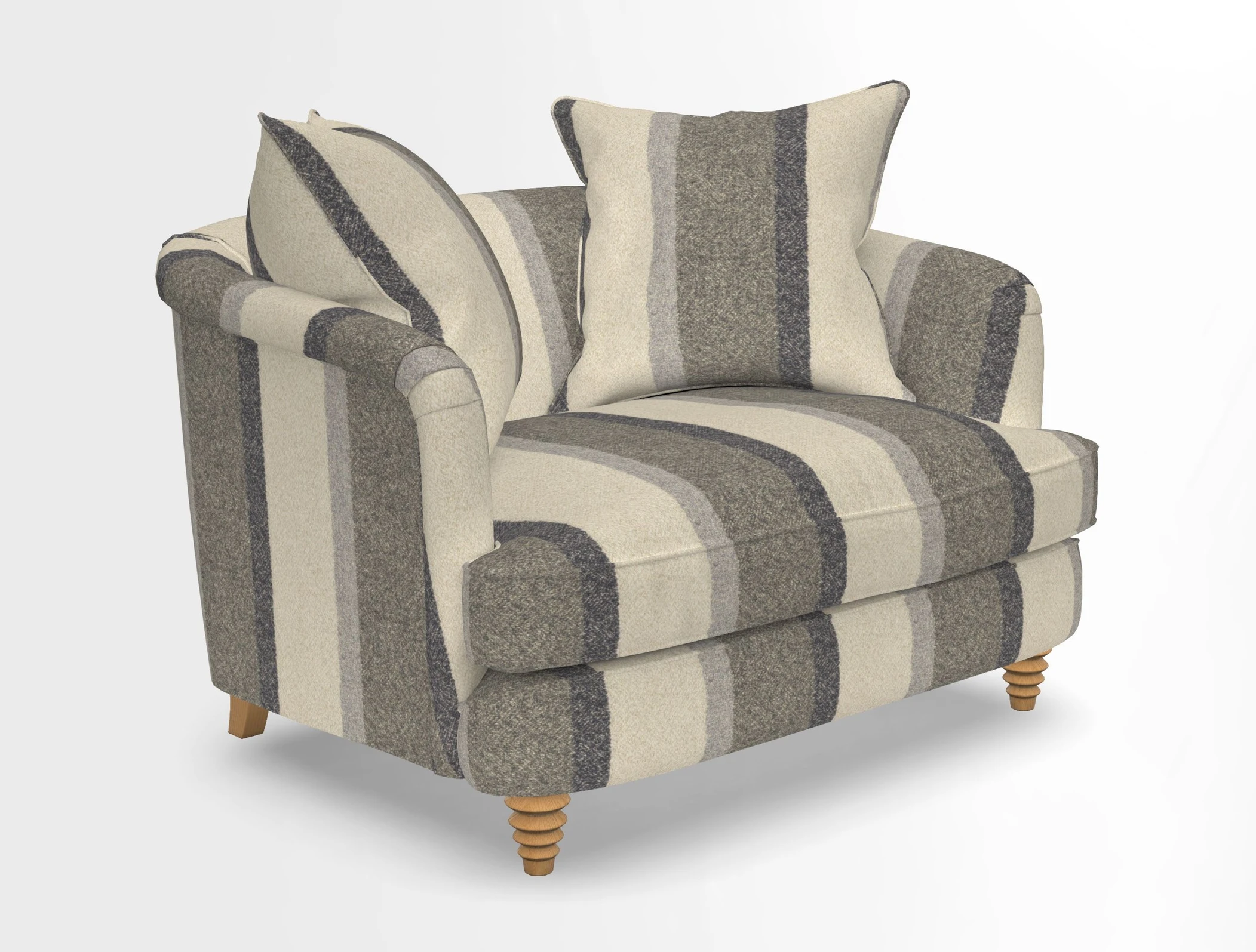 Helmsley Snuggler in V&A Threads of India Opulent Velvets Forest Creatures Hunter piping in Swiss Velvet Olive and scatter in Stockport Stripe Flame
