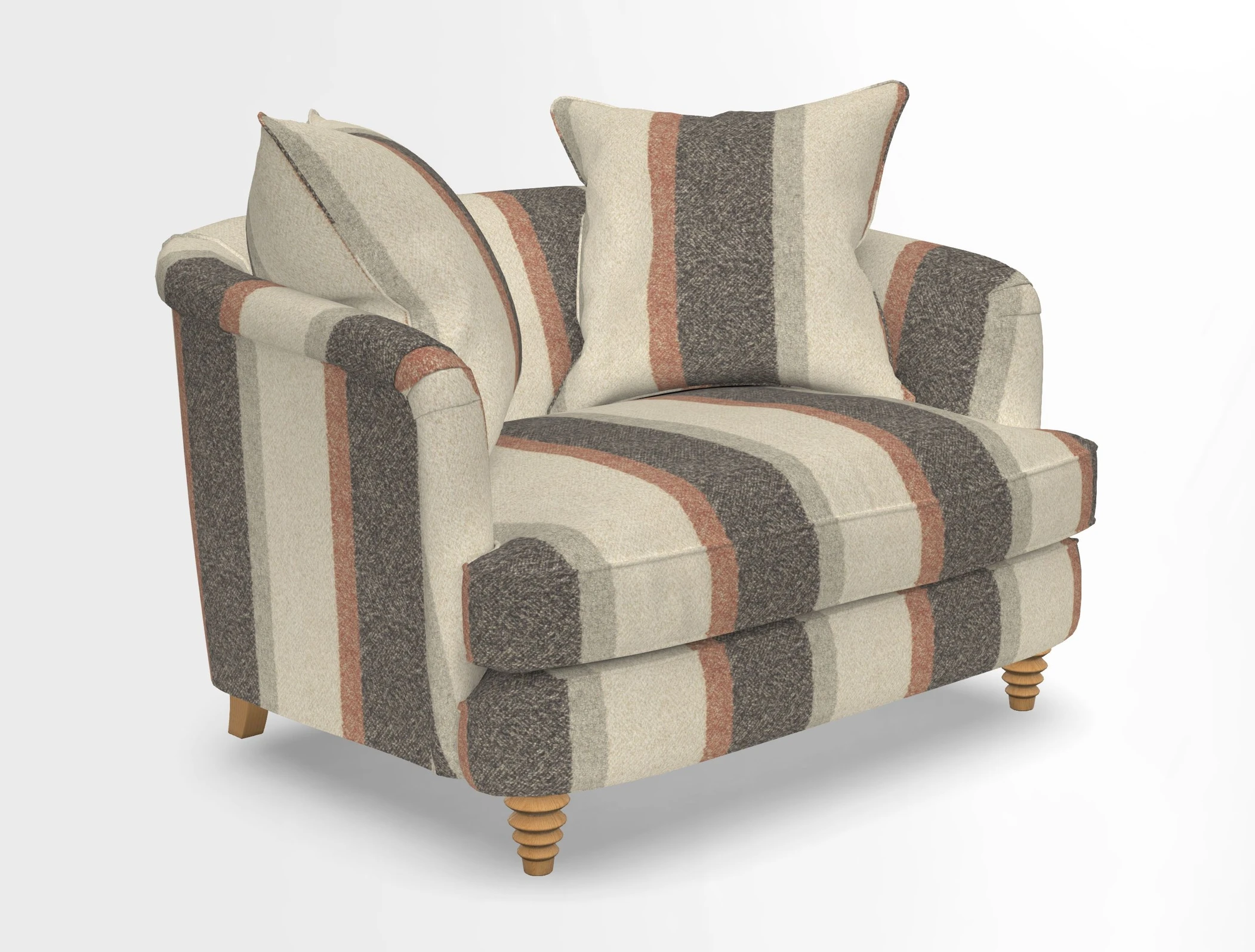 Helmsley Snuggler in V&A Threads of India Opulent Velvets Forest Creatures Hunter piping in Swiss Velvet Olive and scatter in Stockport Stripe Flame
