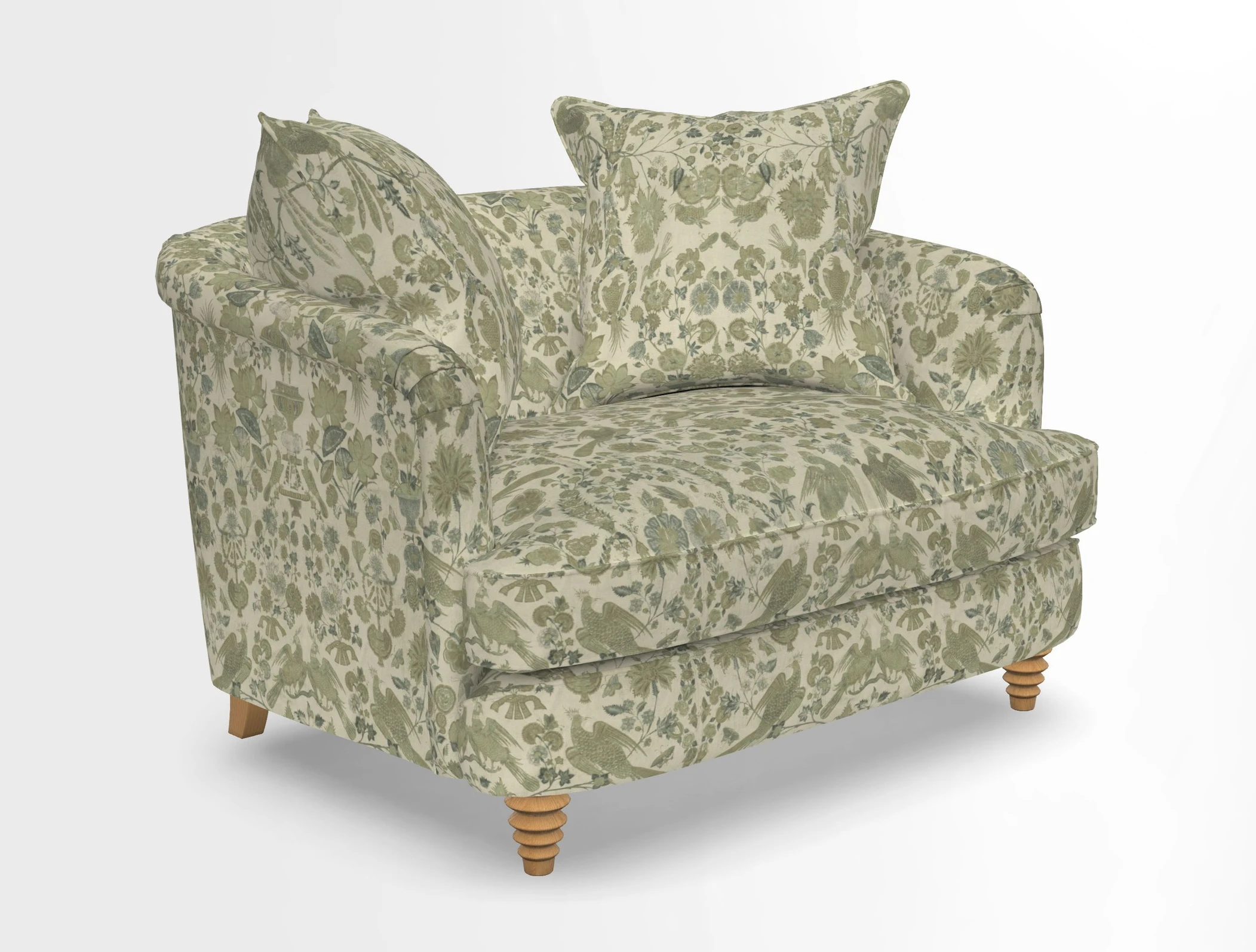 Helmsley Snuggler in V&A Threads of India Opulent Velvets Forest Creatures Hunter piping in Swiss Velvet Olive and scatter in Stockport Stripe Flame