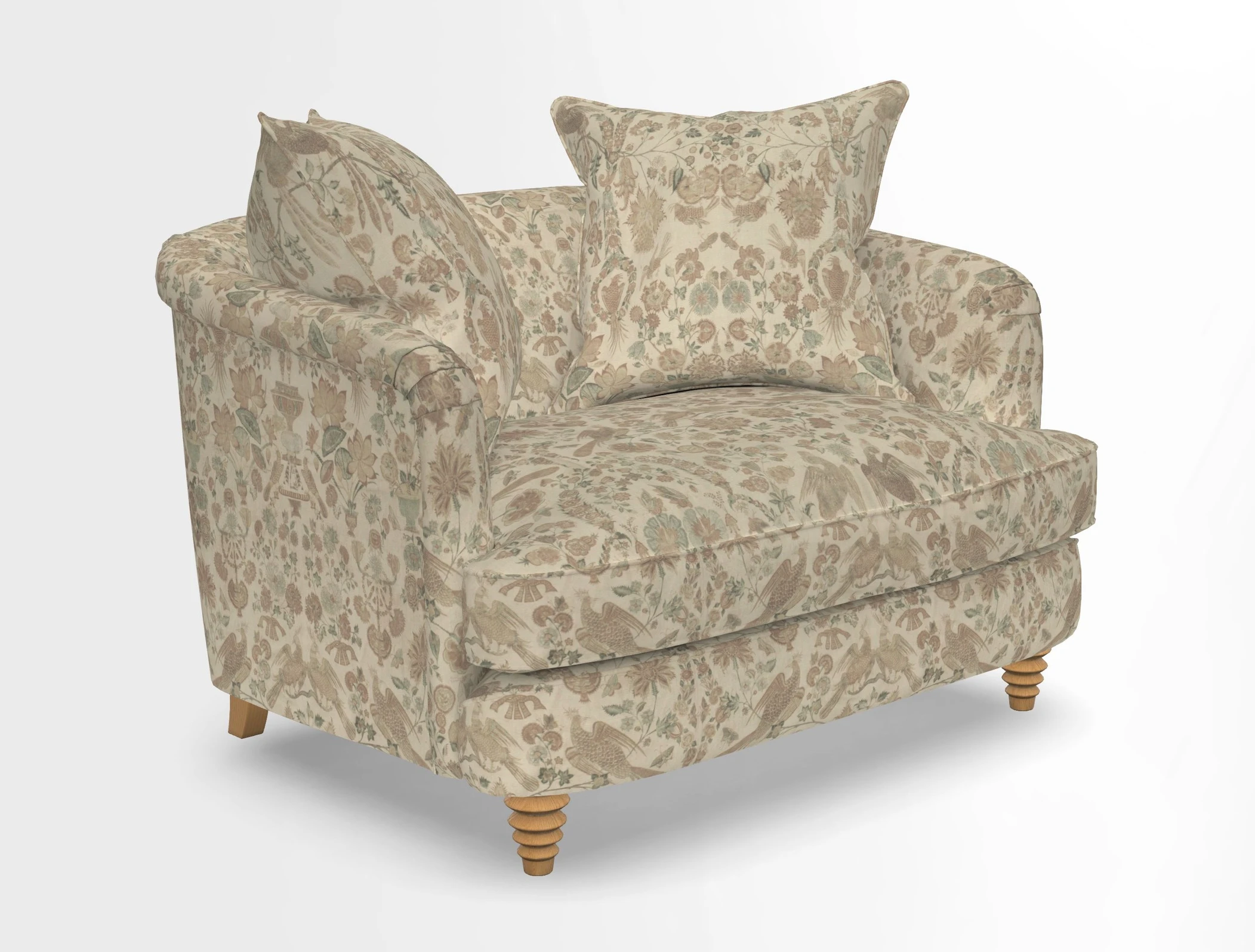 Helmsley Snuggler in V&A Threads of India Opulent Velvets Forest Creatures Hunter piping in Swiss Velvet Olive and scatter in Stockport Stripe Flame