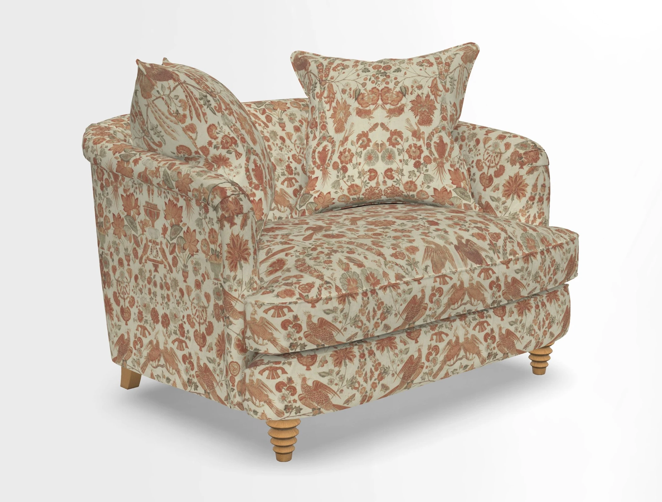 Helmsley Snuggler in V&A Threads of India Opulent Velvets Forest Creatures Hunter piping in Swiss Velvet Olive and scatter in Stockport Stripe Flame
