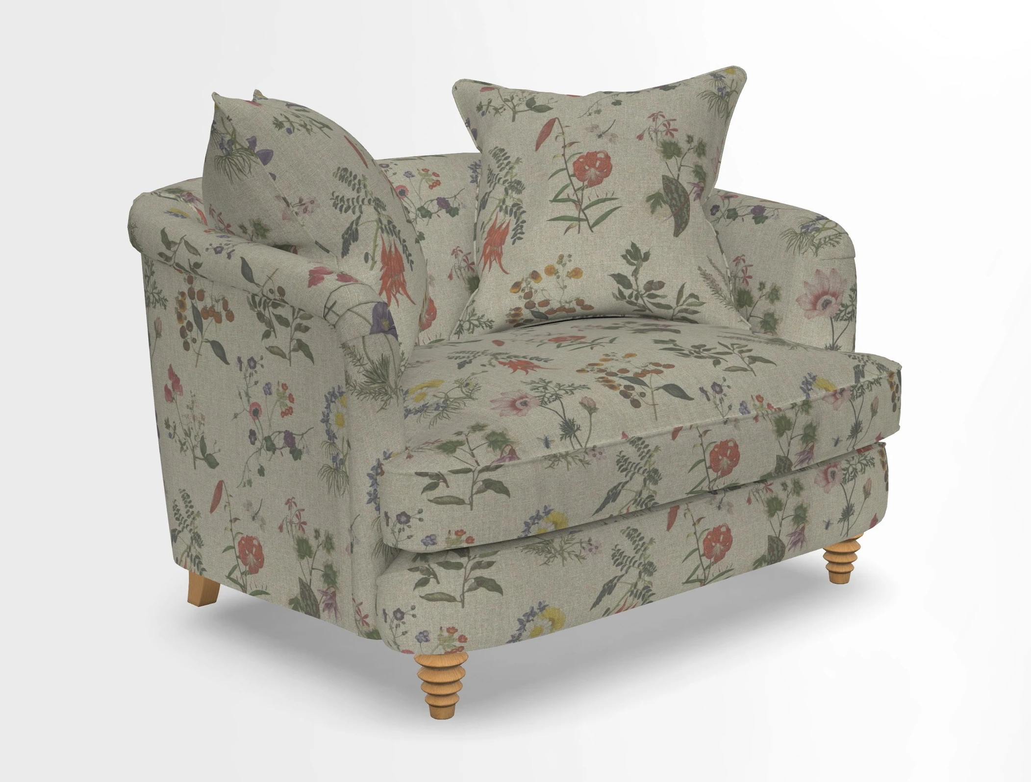 Helmsley Snuggler in V&A Threads of India Opulent Velvets Forest Creatures Hunter piping in Swiss Velvet Olive and scatter in Stockport Stripe Flame