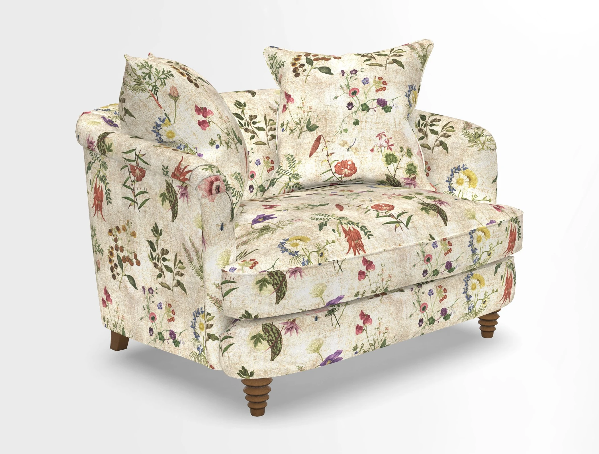 Helmsley Snuggler in V&A Threads of India Opulent Velvets Forest Creatures Hunter piping in Swiss Velvet Olive and scatter in Stockport Stripe Flame