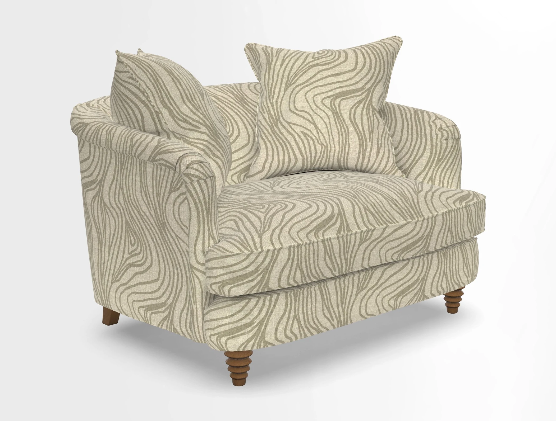 Helmsley Snuggler in V&A Threads of India Opulent Velvets Forest Creatures Hunter piping in Swiss Velvet Olive and scatter in Stockport Stripe Flame