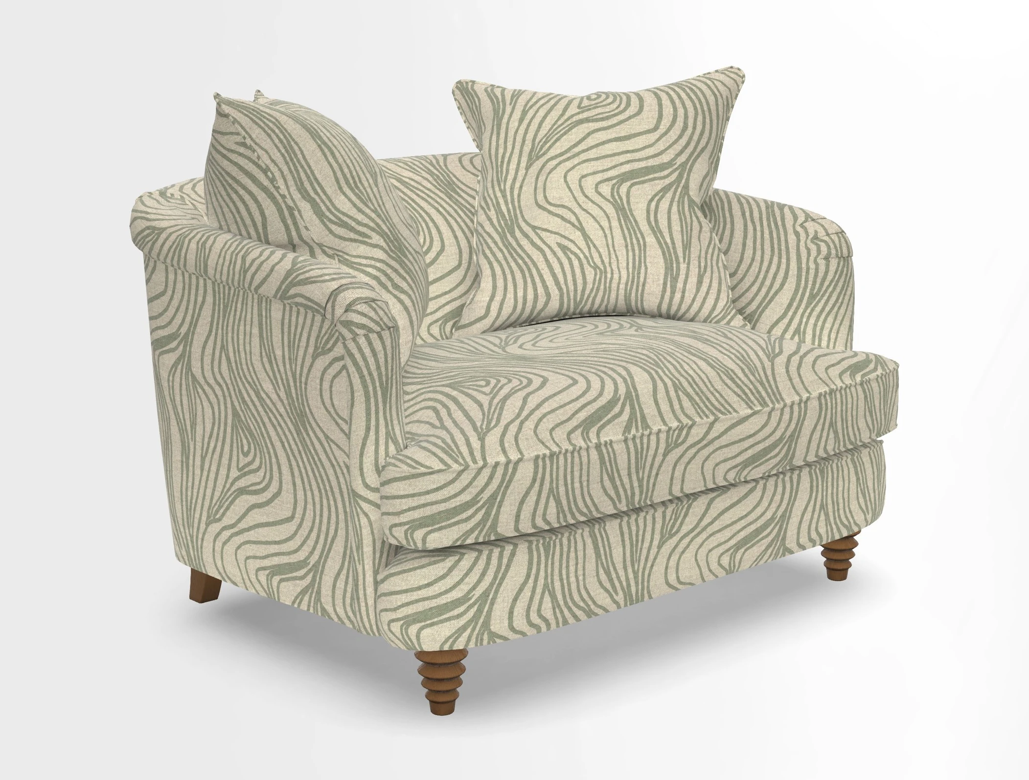 Helmsley Snuggler in V&A Threads of India Opulent Velvets Forest Creatures Hunter piping in Swiss Velvet Olive and scatter in Stockport Stripe Flame