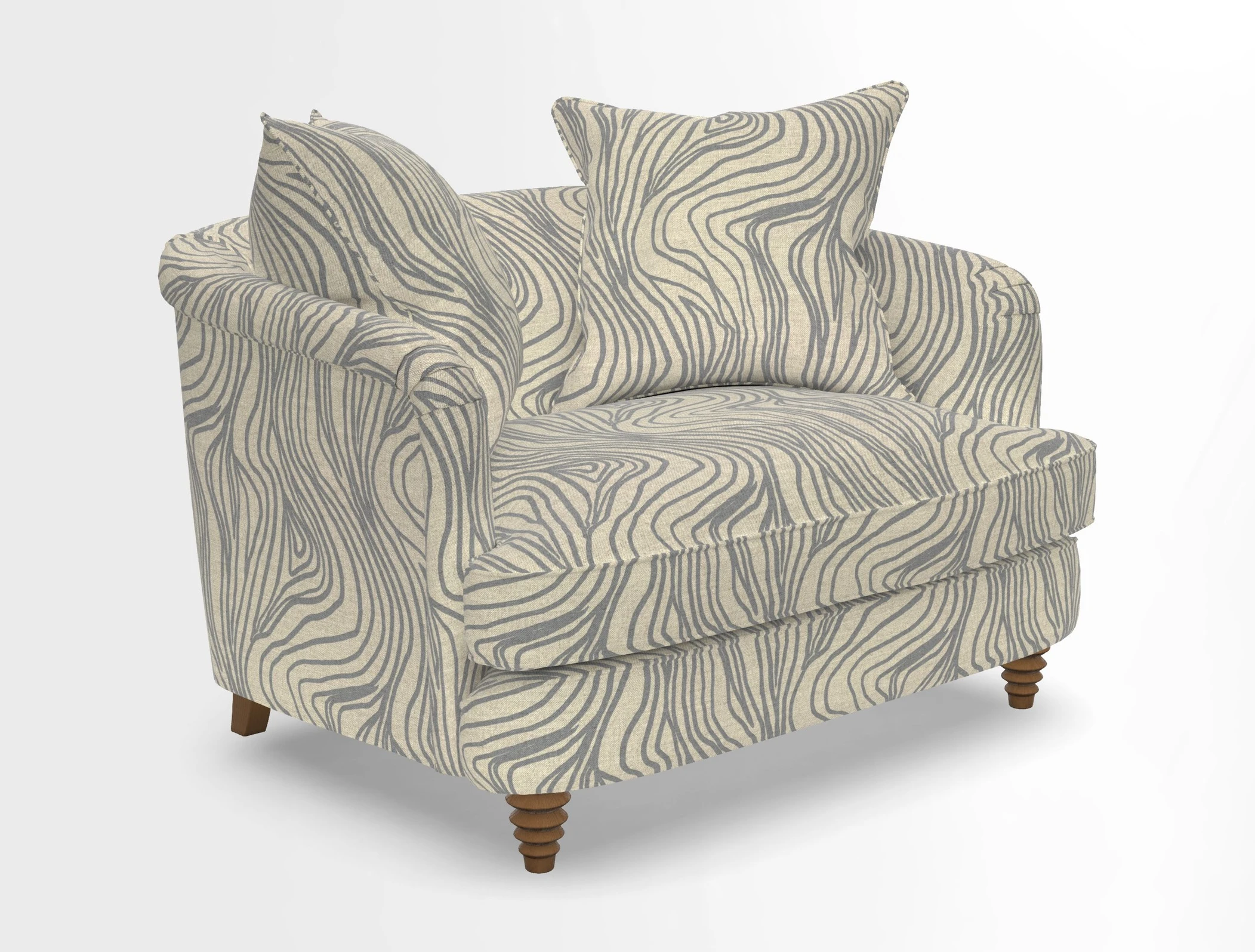 Helmsley Snuggler in V&A Threads of India Opulent Velvets Forest Creatures Hunter piping in Swiss Velvet Olive and scatter in Stockport Stripe Flame