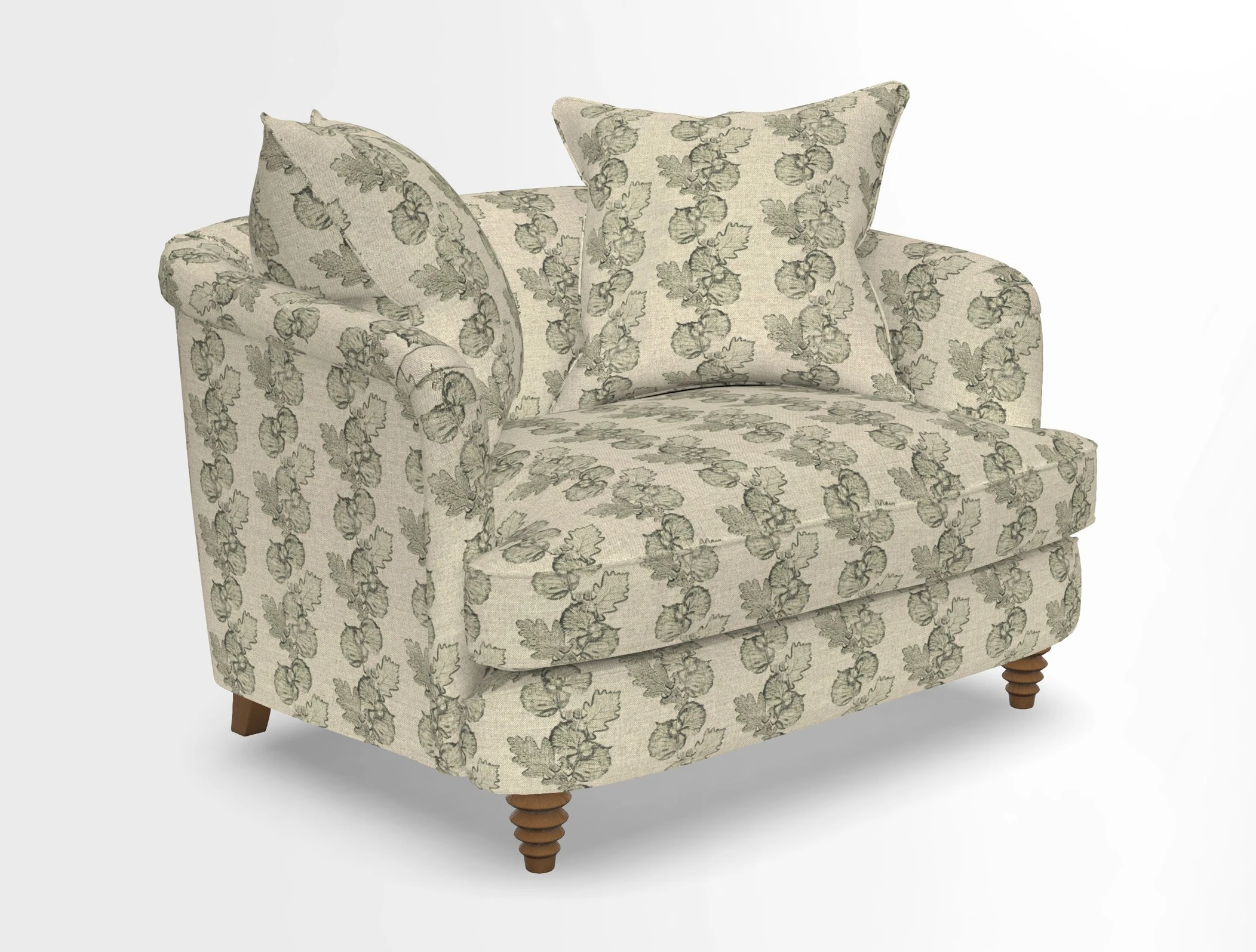Helmsley Snuggler in V&A Threads of India Opulent Velvets Forest Creatures Hunter piping in Swiss Velvet Olive and scatter in Stockport Stripe Flame