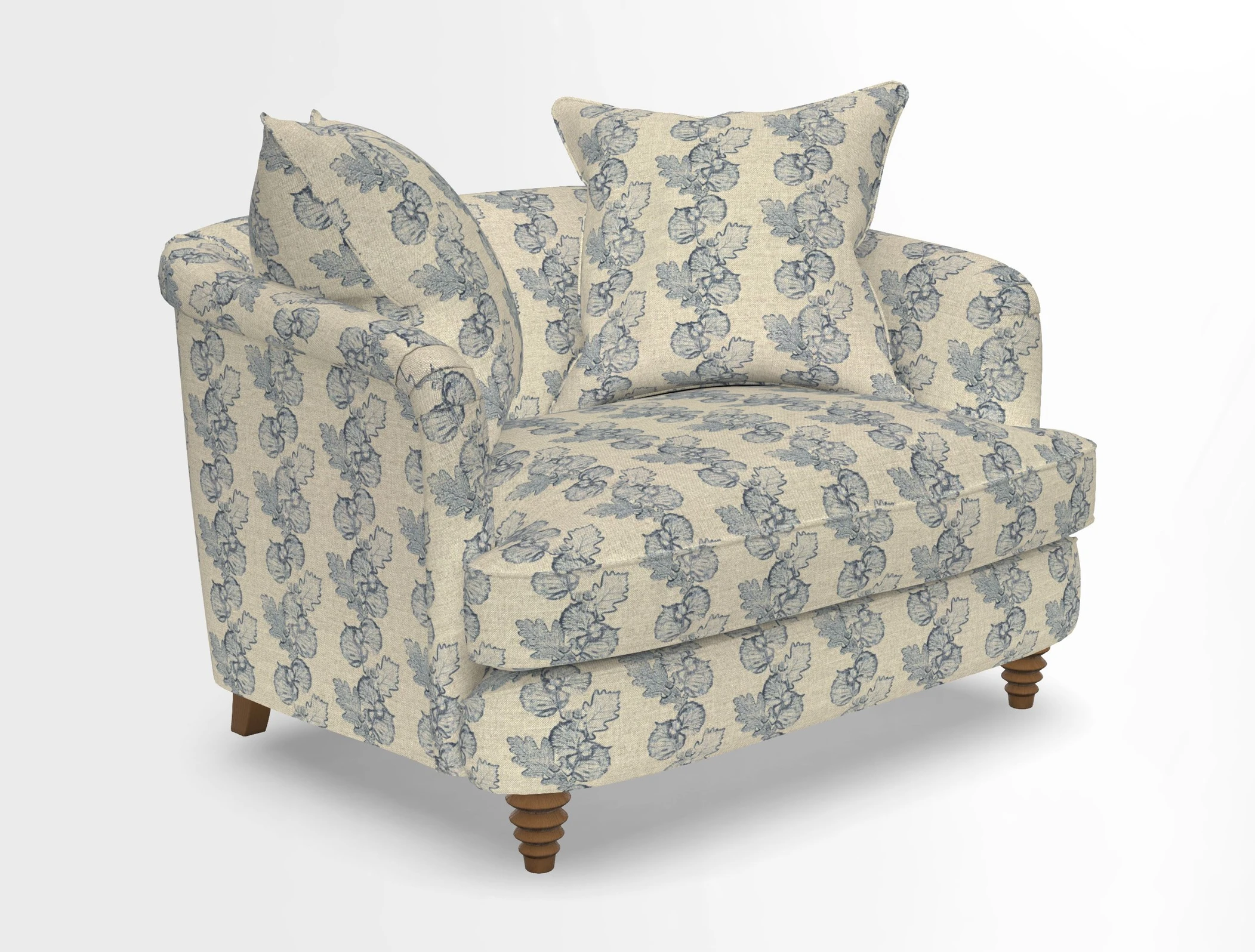 Helmsley Snuggler in V&A Threads of India Opulent Velvets Forest Creatures Hunter piping in Swiss Velvet Olive and scatter in Stockport Stripe Flame