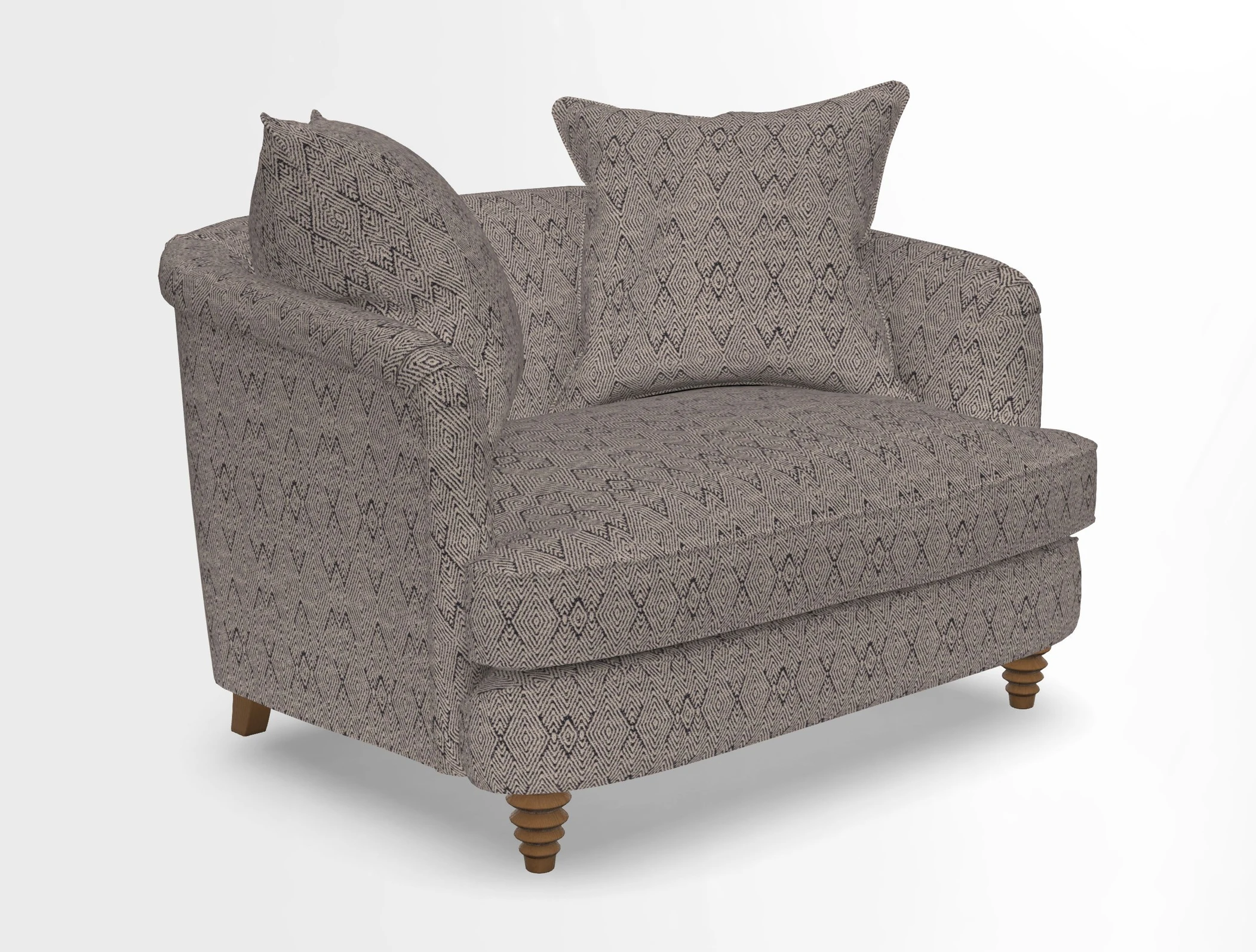 Helmsley Snuggler in V&A Threads of India Opulent Velvets Forest Creatures Hunter piping in Swiss Velvet Olive and scatter in Stockport Stripe Flame