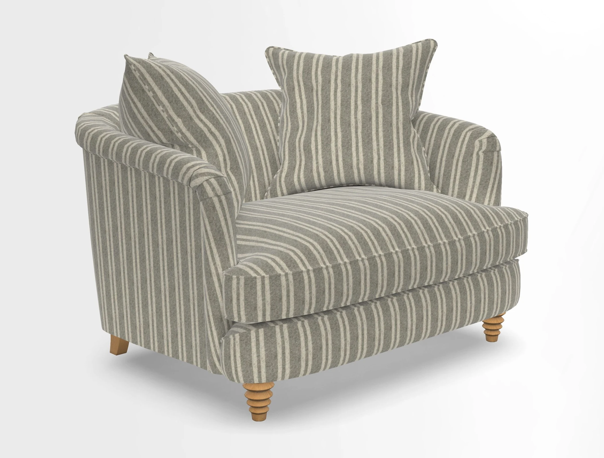 Helmsley Snuggler in V&A Threads of India Opulent Velvets Forest Creatures Hunter piping in Swiss Velvet Olive and scatter in Stockport Stripe Flame