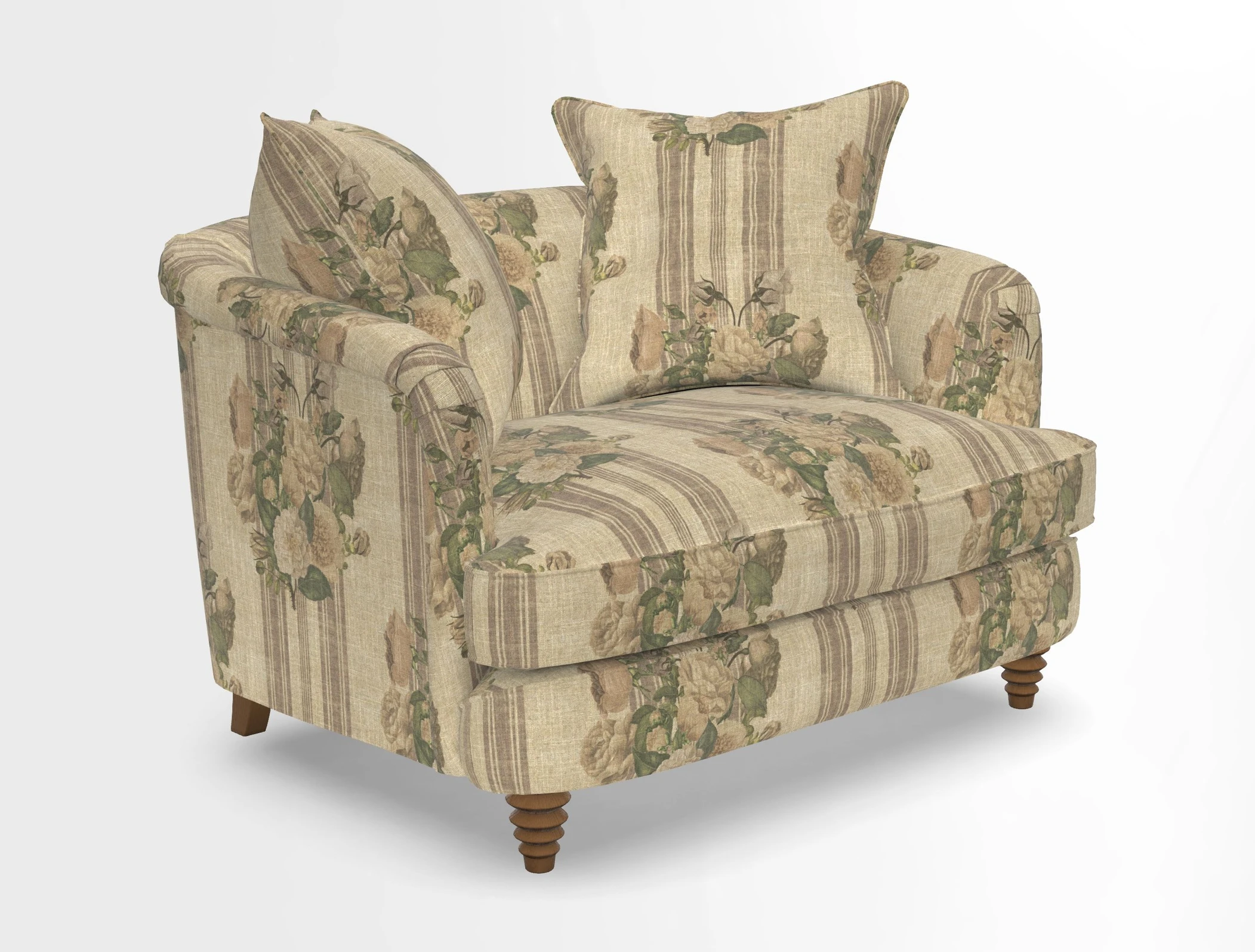 Helmsley Snuggler in V&A Threads of India Opulent Velvets Forest Creatures Hunter piping in Swiss Velvet Olive and scatter in Stockport Stripe Flame