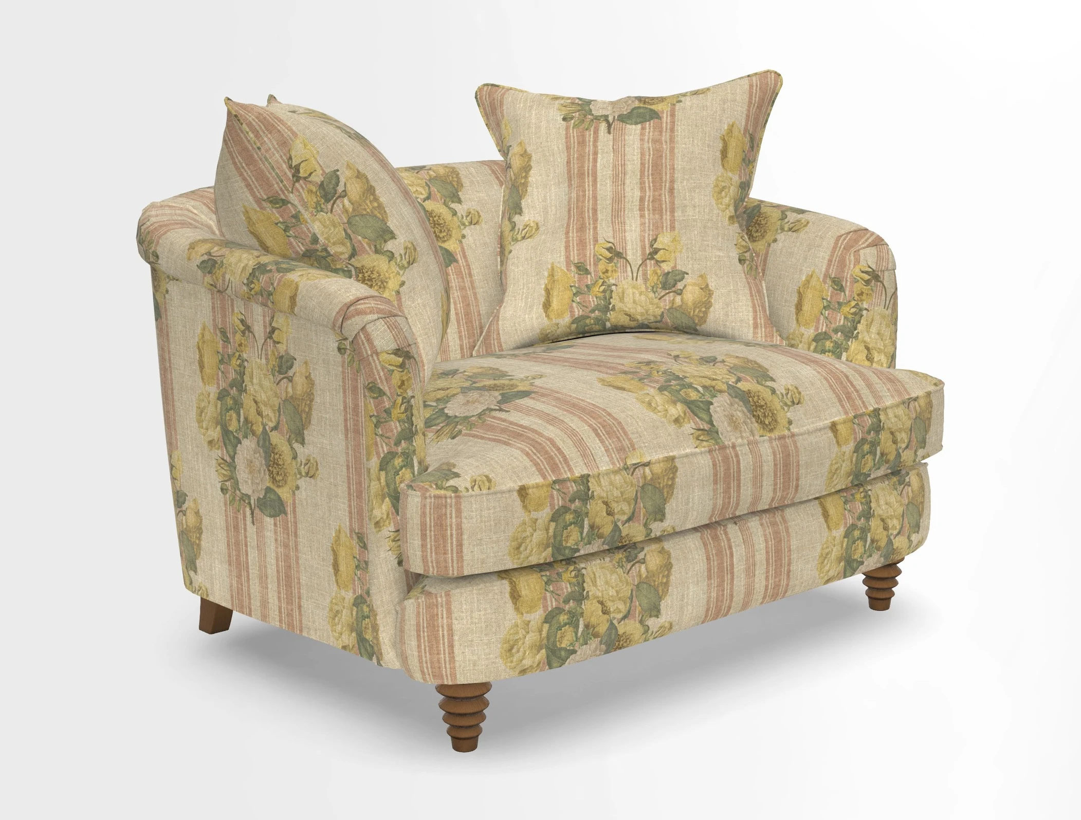 Helmsley Snuggler in V&A Threads of India Opulent Velvets Forest Creatures Hunter piping in Swiss Velvet Olive and scatter in Stockport Stripe Flame