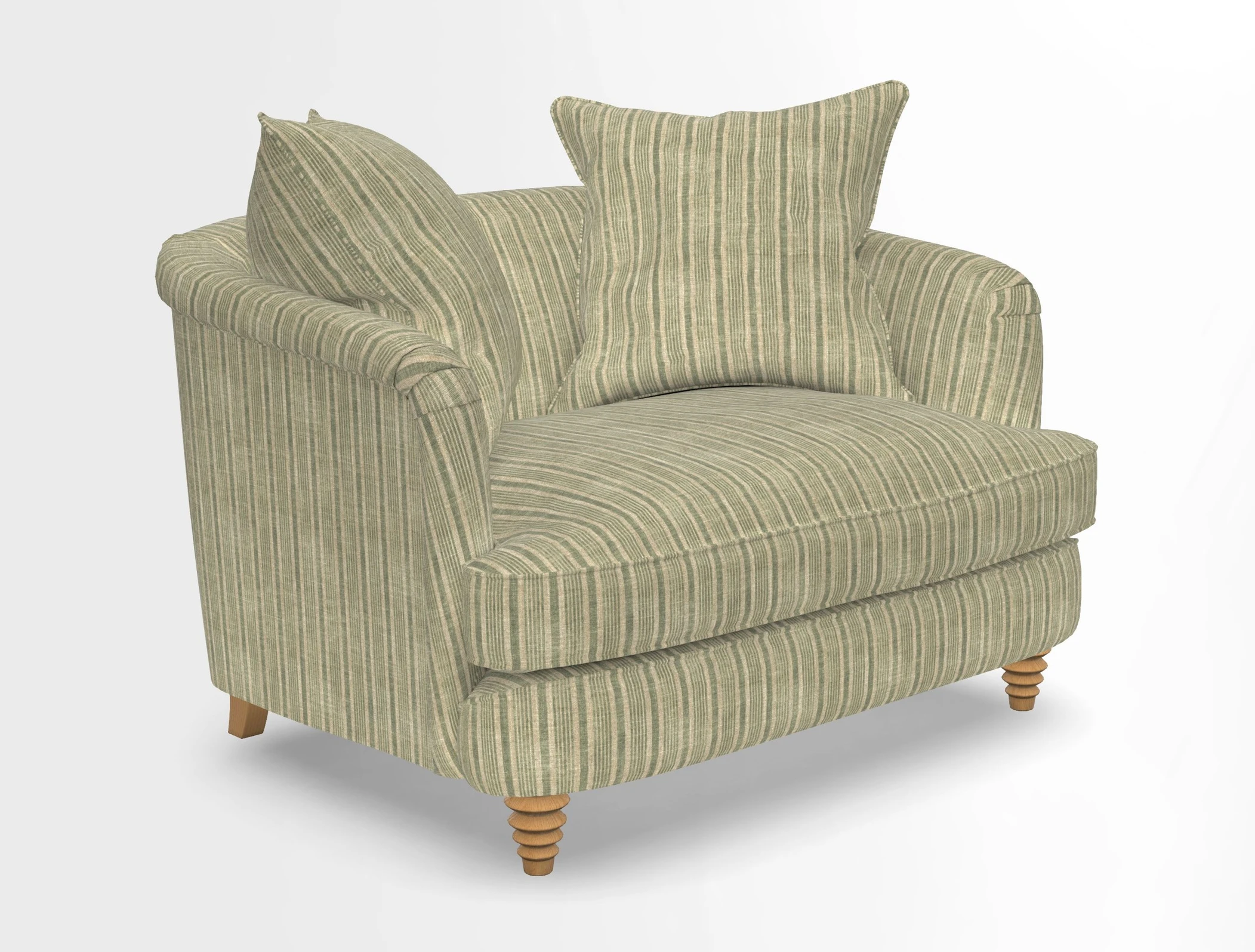 Helmsley Snuggler in V&A Threads of India Opulent Velvets Forest Creatures Hunter piping in Swiss Velvet Olive and scatter in Stockport Stripe Flame
