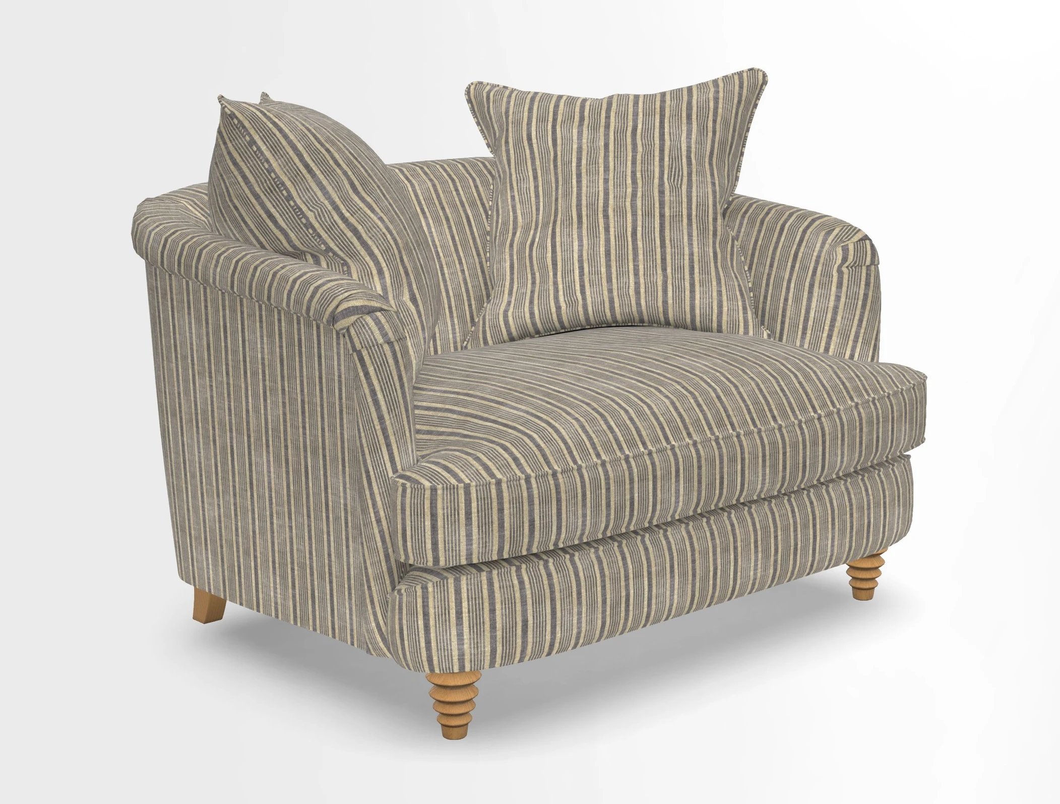 Helmsley Snuggler in V&A Threads of India Opulent Velvets Forest Creatures Hunter piping in Swiss Velvet Olive and scatter in Stockport Stripe Flame
