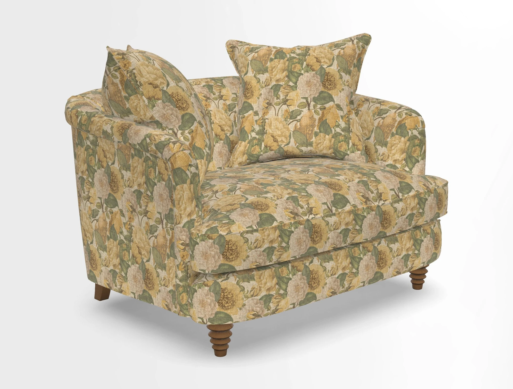Helmsley Snuggler in V&A Threads of India Opulent Velvets Forest Creatures Hunter piping in Swiss Velvet Olive and scatter in Stockport Stripe Flame