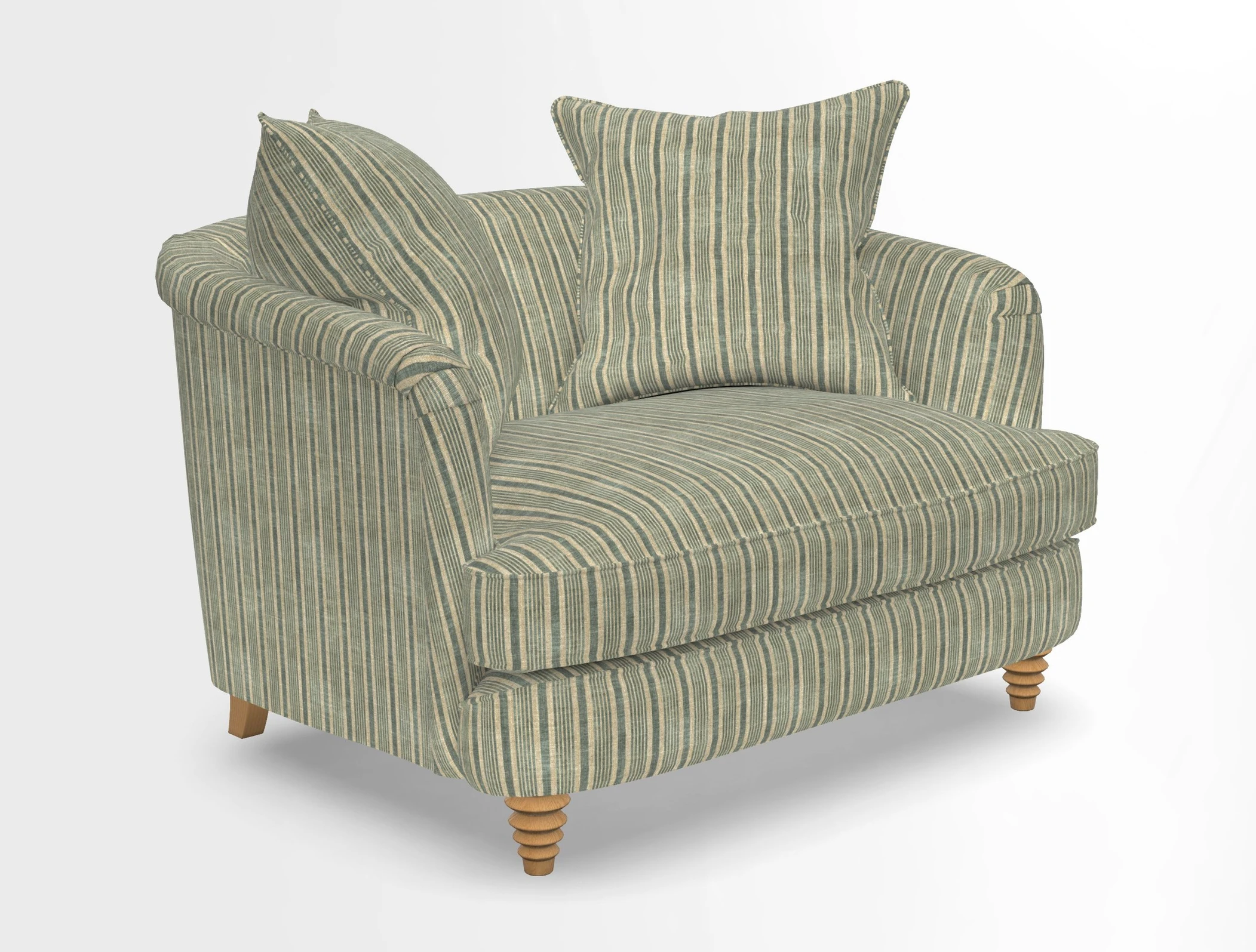 Helmsley Snuggler in V&A Threads of India Opulent Velvets Forest Creatures Hunter piping in Swiss Velvet Olive and scatter in Stockport Stripe Flame