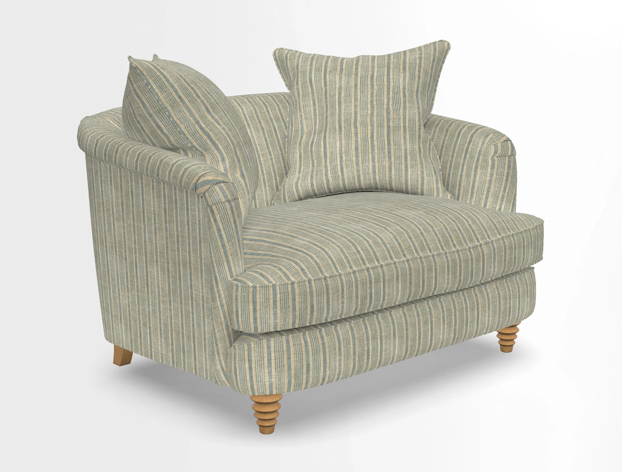 Helmsley Snuggler in V&A Threads of India Opulent Velvets Forest Creatures Hunter piping in Swiss Velvet Olive and scatter in Stockport Stripe Flame